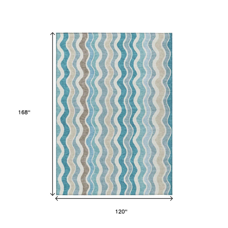 10' X 14' Teal Blue Ivory And Beige Striped Washable Indoor Outdoor Area Rug