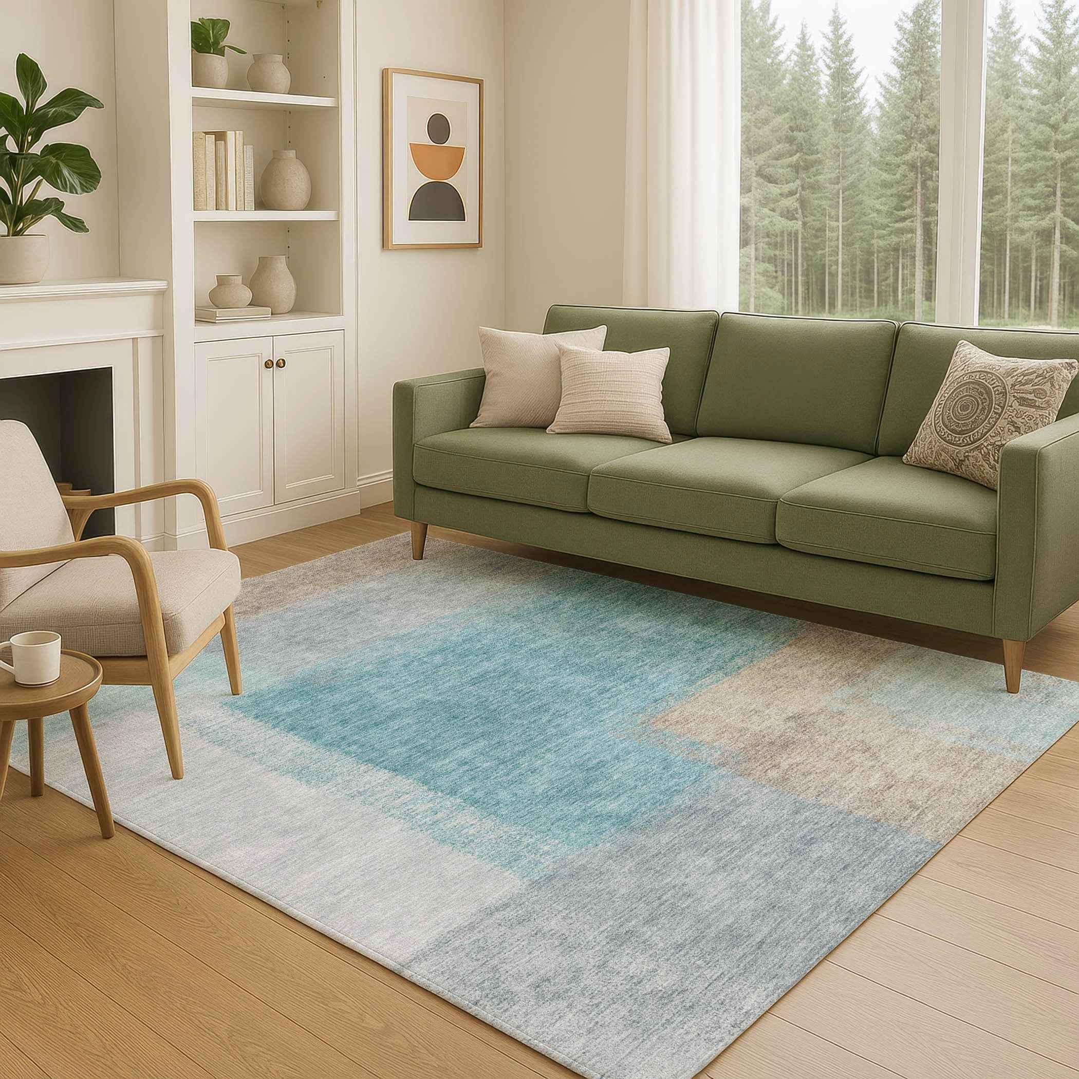 8' X 10' Teal Blue Ivory And Gray Abstract Washable Indoor Outdoor Area Rug