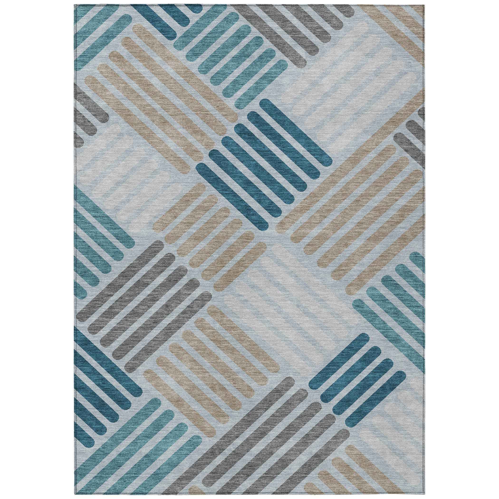 3' X 5' Teal Blue Wheat And Gray Geometric Washable Indoor Outdoor Area Rug