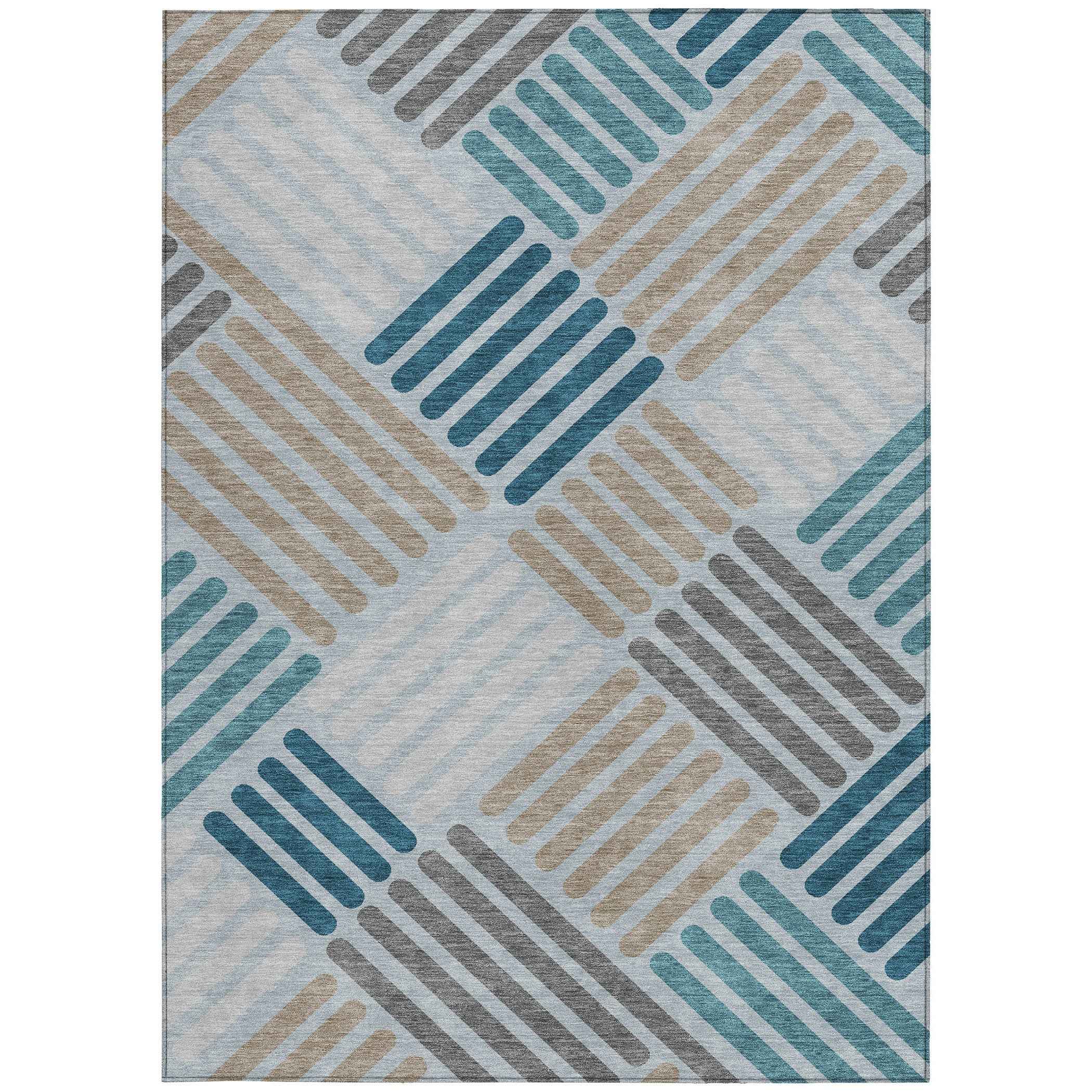 3' X 5' Teal Blue Wheat And Gray Geometric Washable Indoor Outdoor Area Rug
