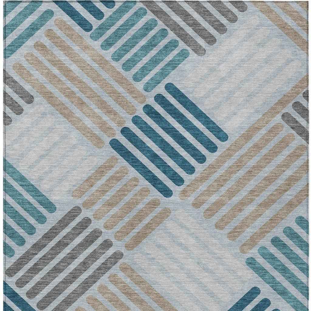 3' X 5' Teal Blue Wheat And Gray Geometric Washable Indoor Outdoor Area Rug