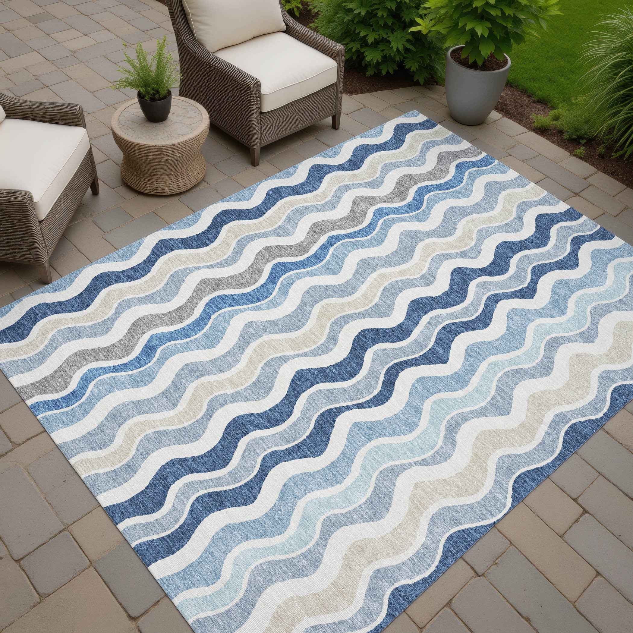 10' X 14' Blue Khaki And Ivory Striped Washable Indoor Outdoor Area Rug
