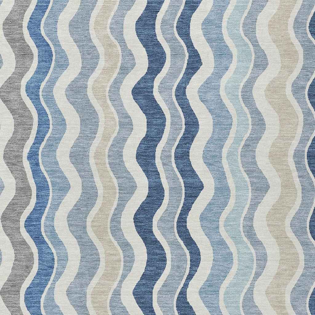 10' X 14' Blue Khaki And Ivory Striped Washable Indoor Outdoor Area Rug