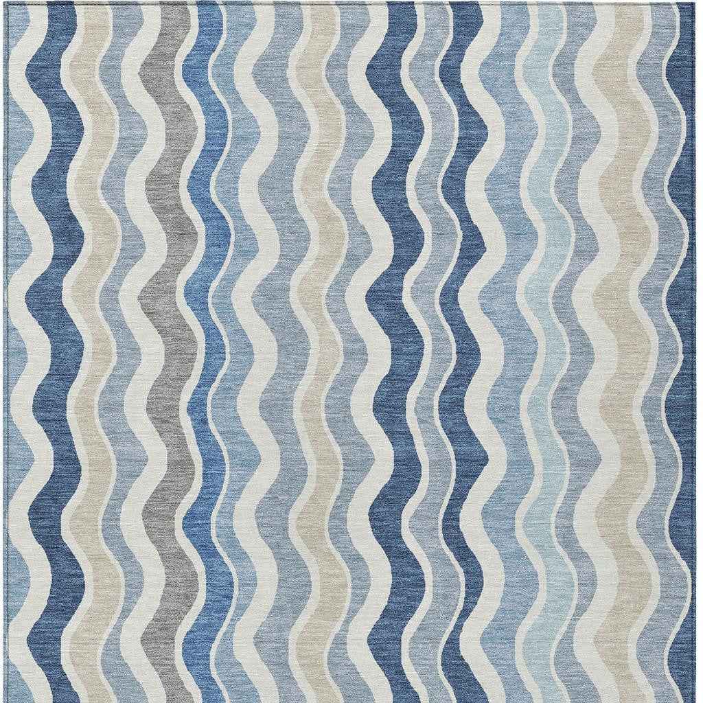 10' X 14' Blue Khaki And Ivory Striped Washable Indoor Outdoor Area Rug