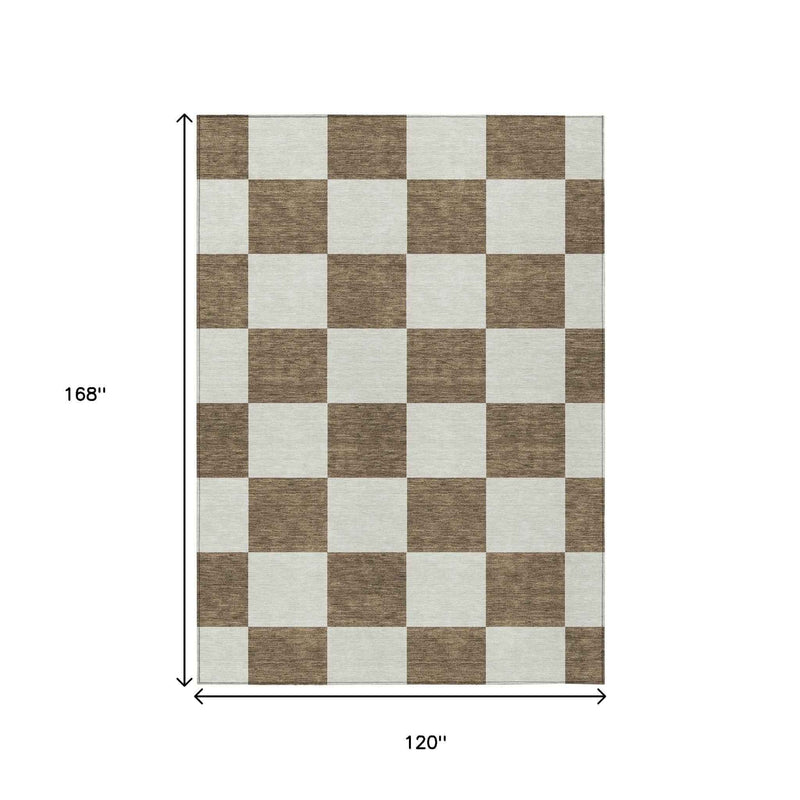 10' X 14' Chocolate And Ivory Geometric Washable Indoor Outdoor Area Rug