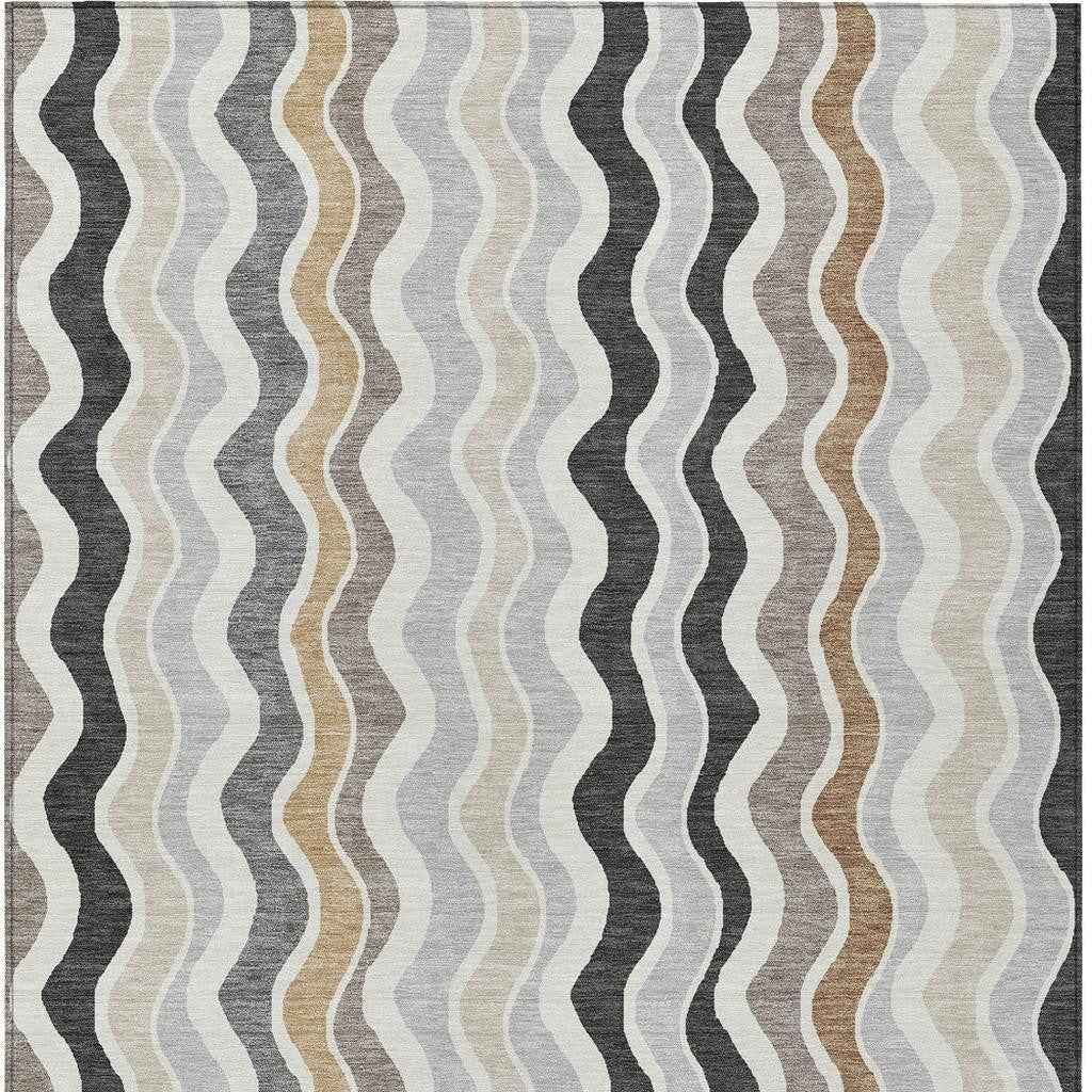 10' X 14' Charcoal Ivory And Gray Striped Washable Indoor Outdoor Area Rug