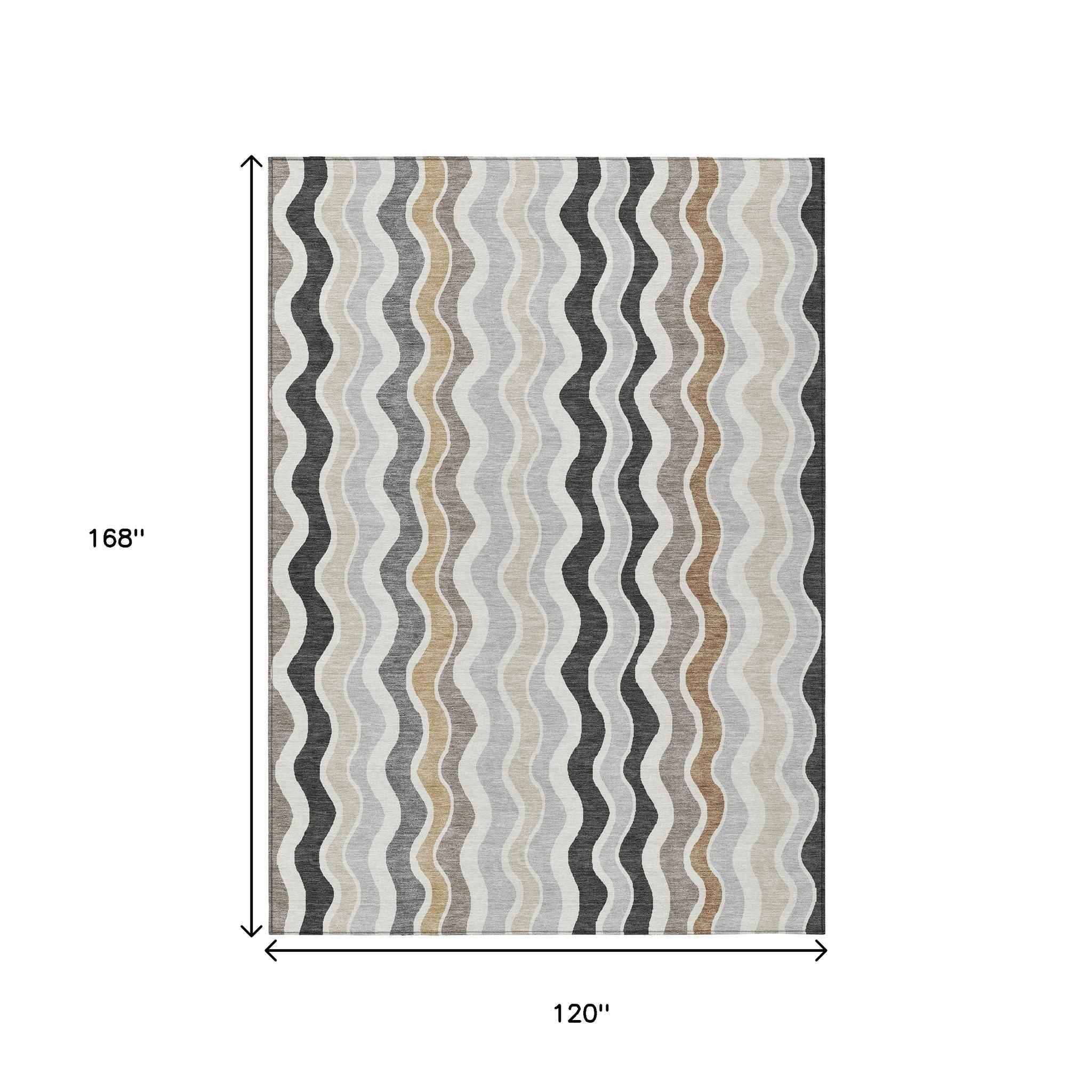 10' X 14' Charcoal Ivory And Gray Striped Washable Indoor Outdoor Area Rug
