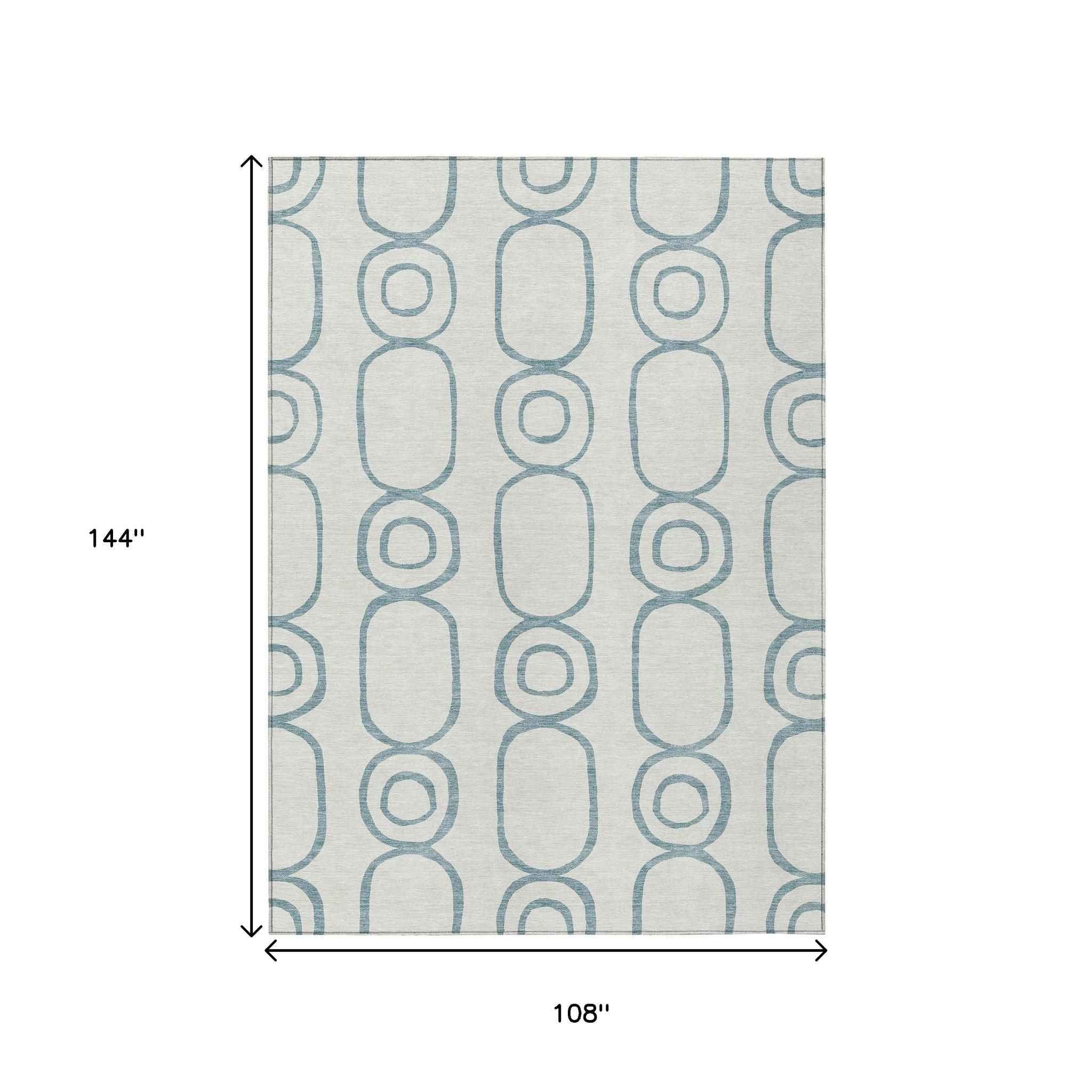 9' X 12' Teal Blue And Ivory Geometric Washable Indoor Outdoor Area Rug
