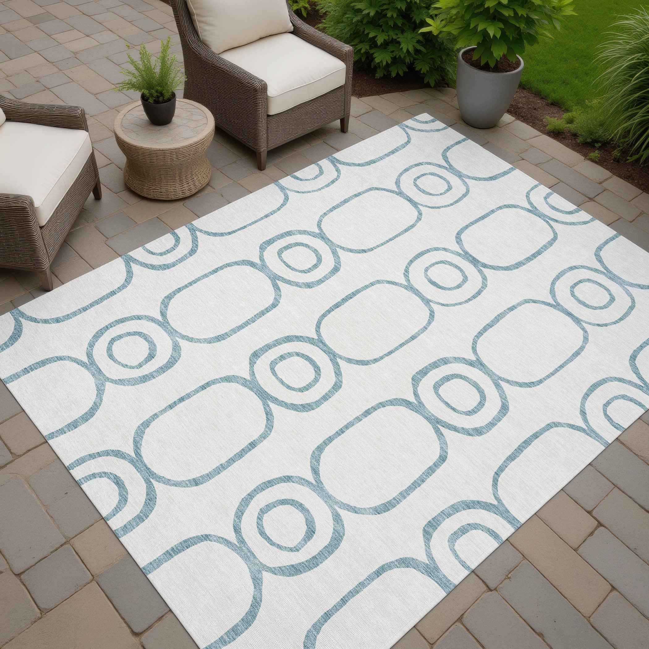 9' X 12' Teal Blue And Ivory Geometric Washable Indoor Outdoor Area Rug