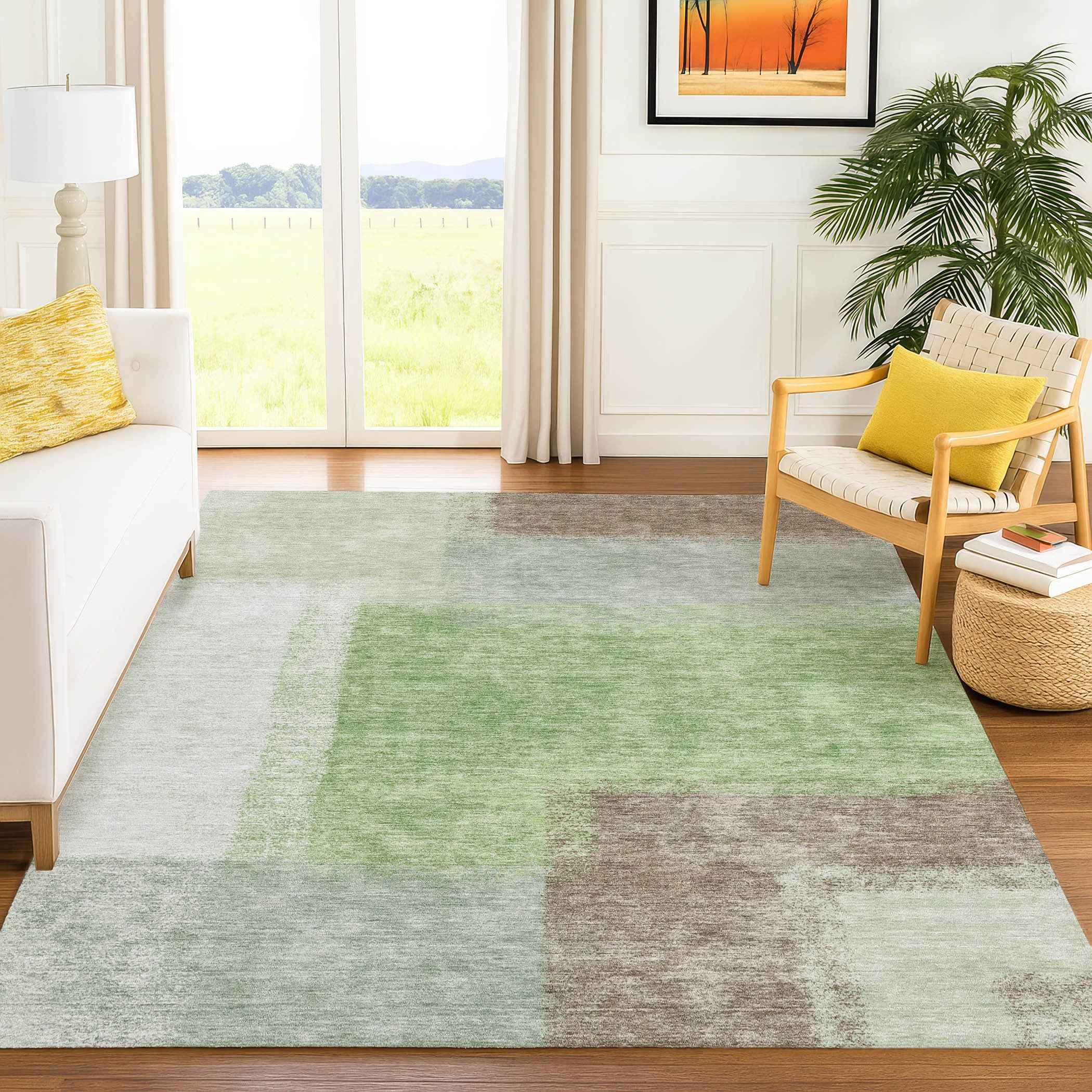 8' X 10' Artichoke Green Ivory And Brown Abstract Washable Indoor Outdoor Area Rug
