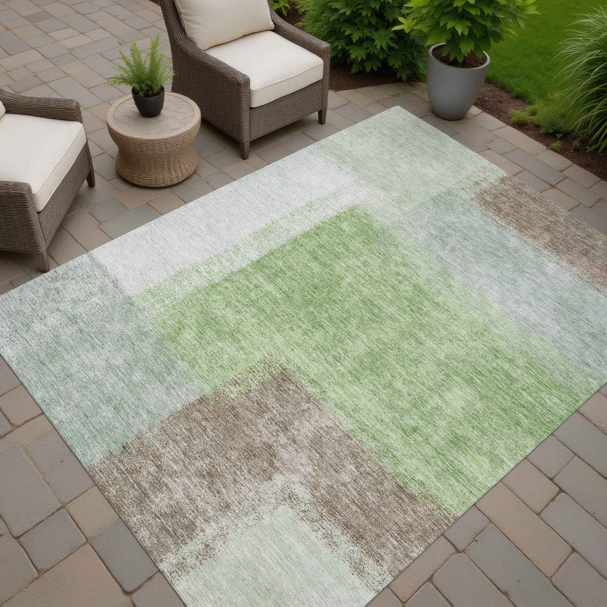 8' X 10' Artichoke Green Ivory And Brown Abstract Washable Indoor Outdoor Area Rug