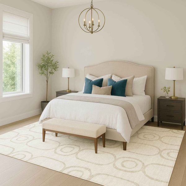 5' X 8' Ivory And Beige Geometric Washable Indoor Outdoor Area Rug