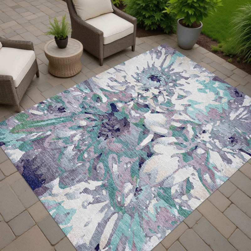 3' X 5' Lavender Gray And Ivory Floral Washable Indoor Outdoor Area Rug