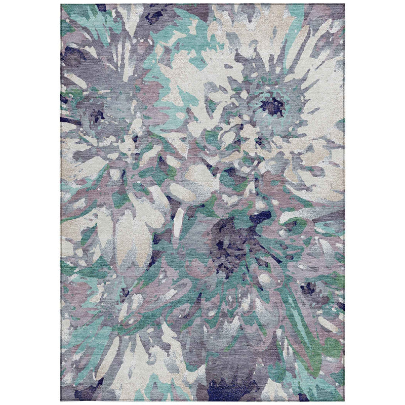 3' X 5' Lavender Gray And Ivory Floral Washable Indoor Outdoor Area Rug