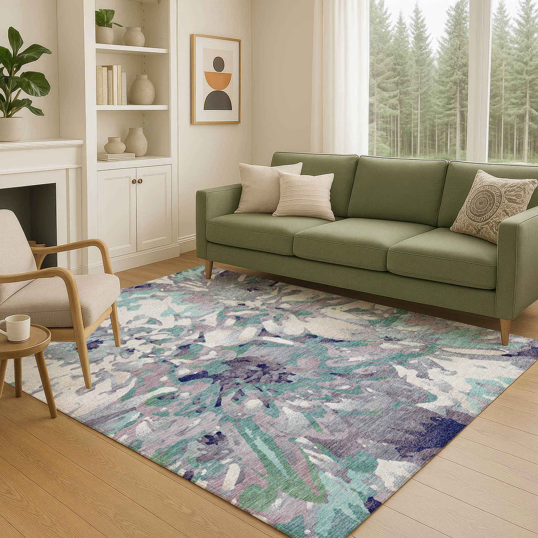 3' X 5' Lavender Gray And Ivory Floral Washable Indoor Outdoor Area Rug