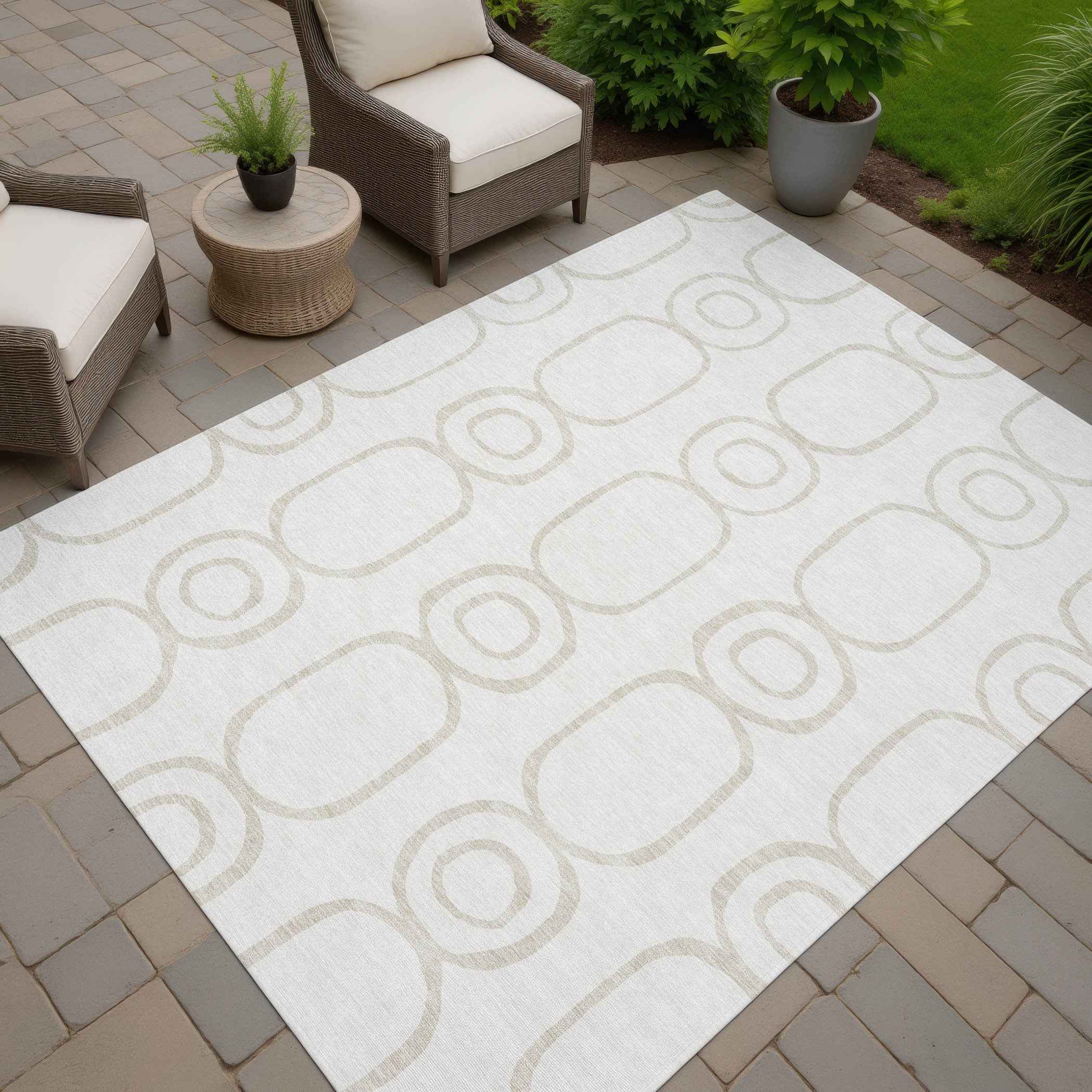 5' X 8' Ivory And Beige Geometric Washable Indoor Outdoor Area Rug