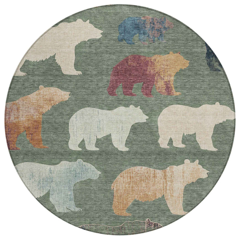 8' Green Ivory And Copper Round Animal Print Washable Indoor Outdoor Area Rug