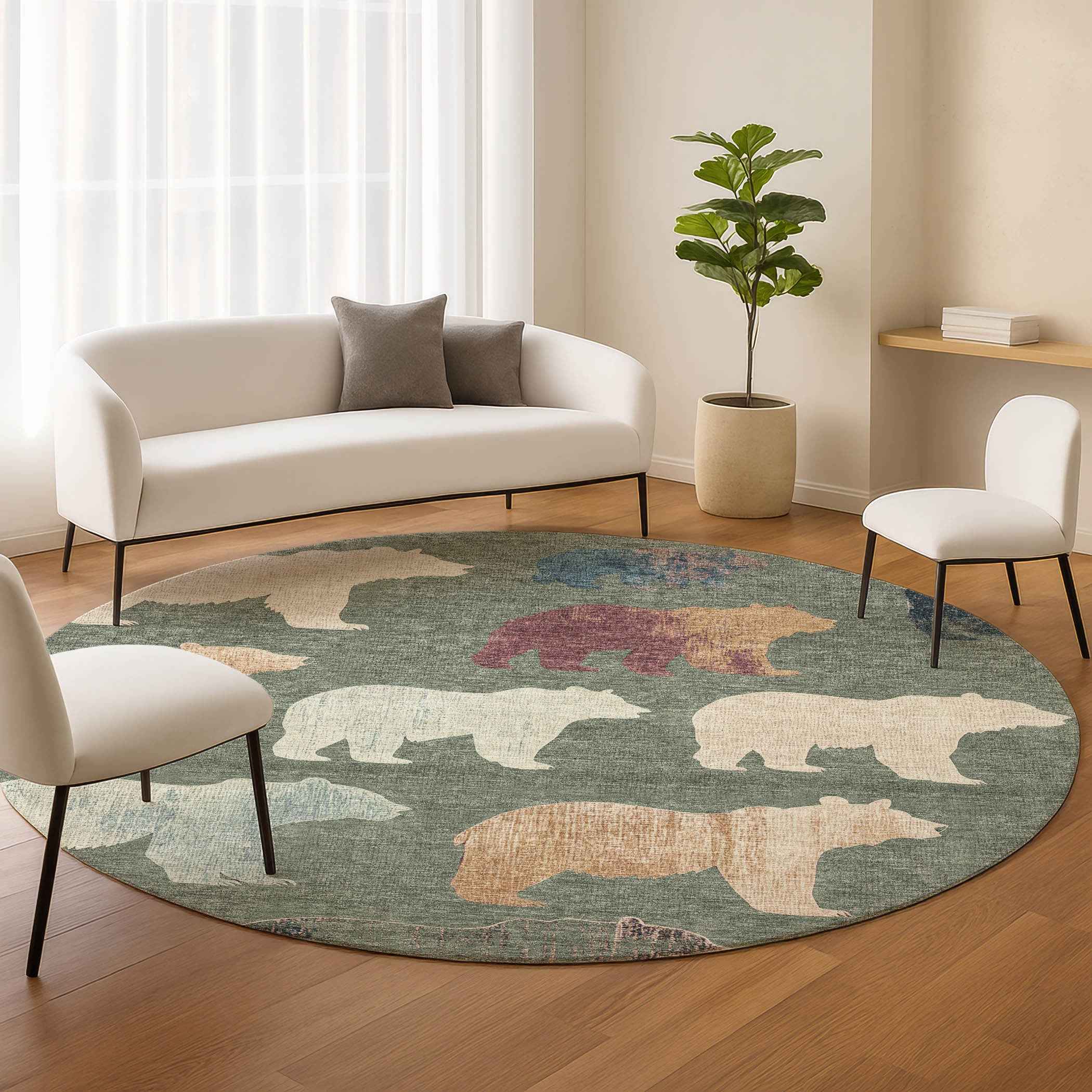 8' Green Ivory And Copper Round Animal Print Washable Indoor Outdoor Area Rug