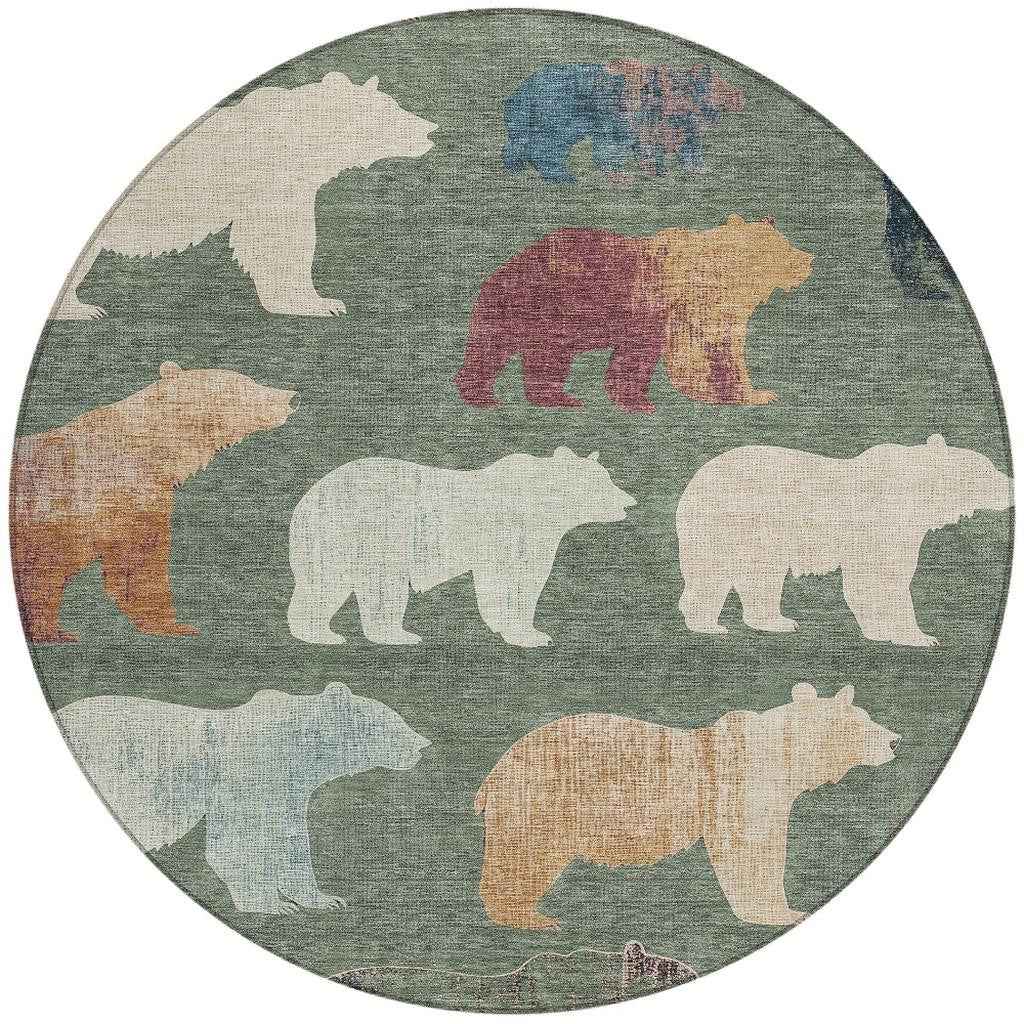 8' Green Ivory And Copper Round Animal Print Washable Indoor Outdoor Area Rug