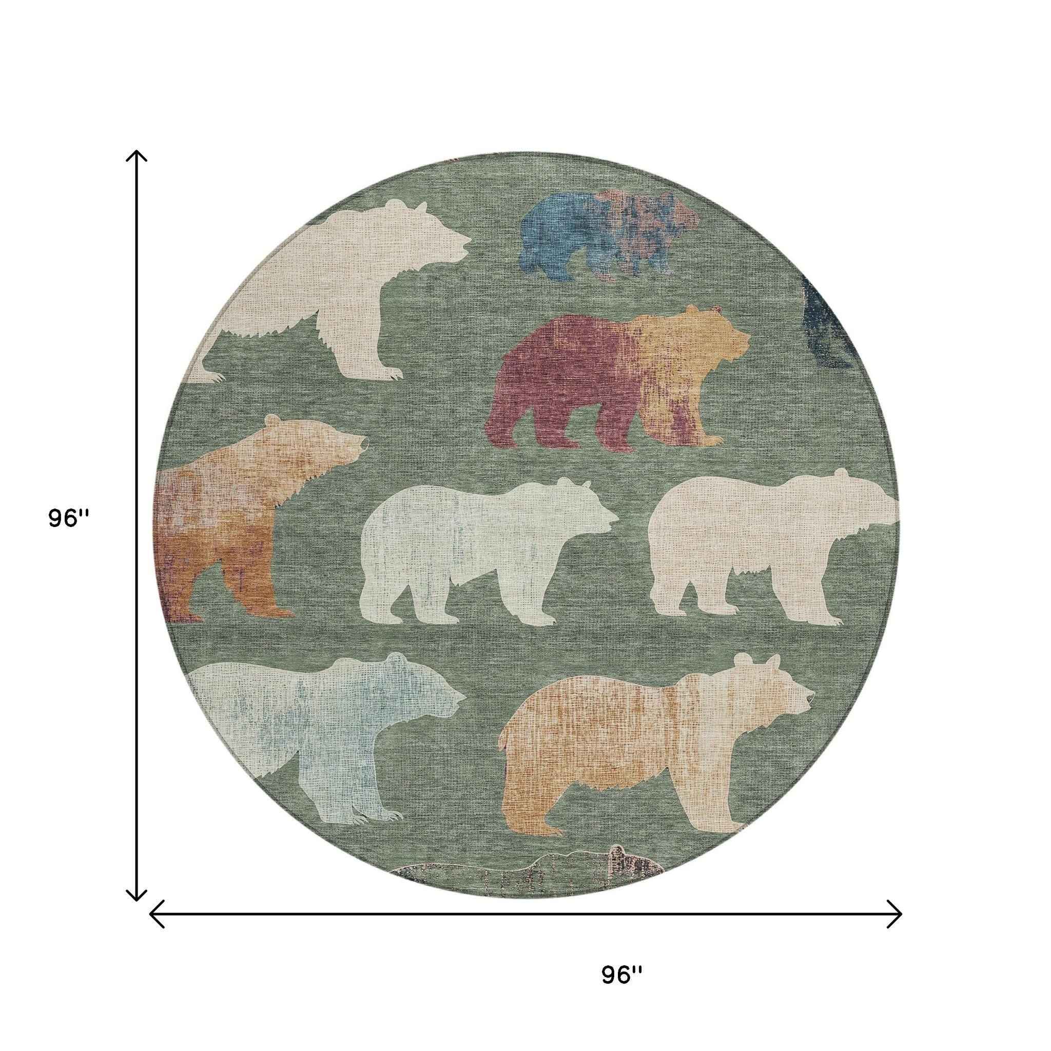 8' Green Ivory And Copper Round Animal Print Washable Indoor Outdoor Area Rug