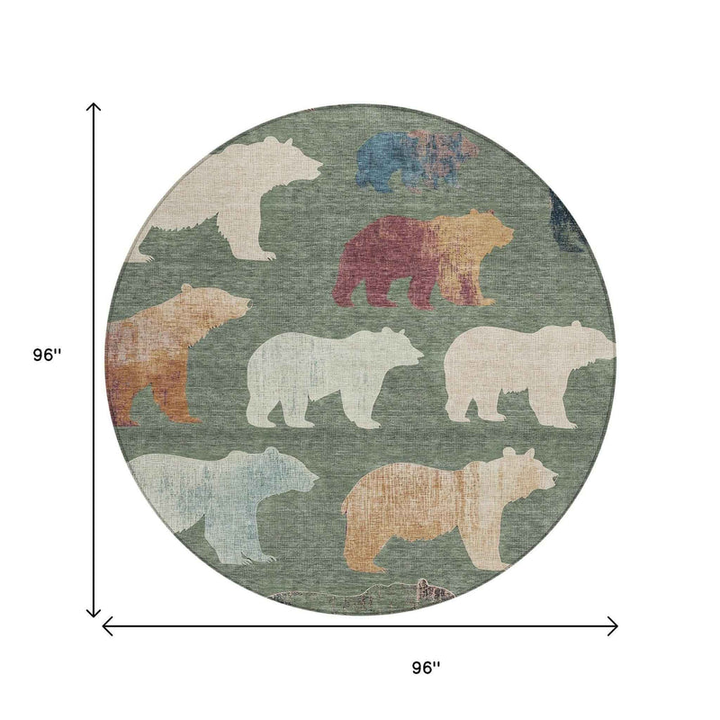 8' Green Ivory And Copper Round Animal Print Washable Indoor Outdoor Area Rug