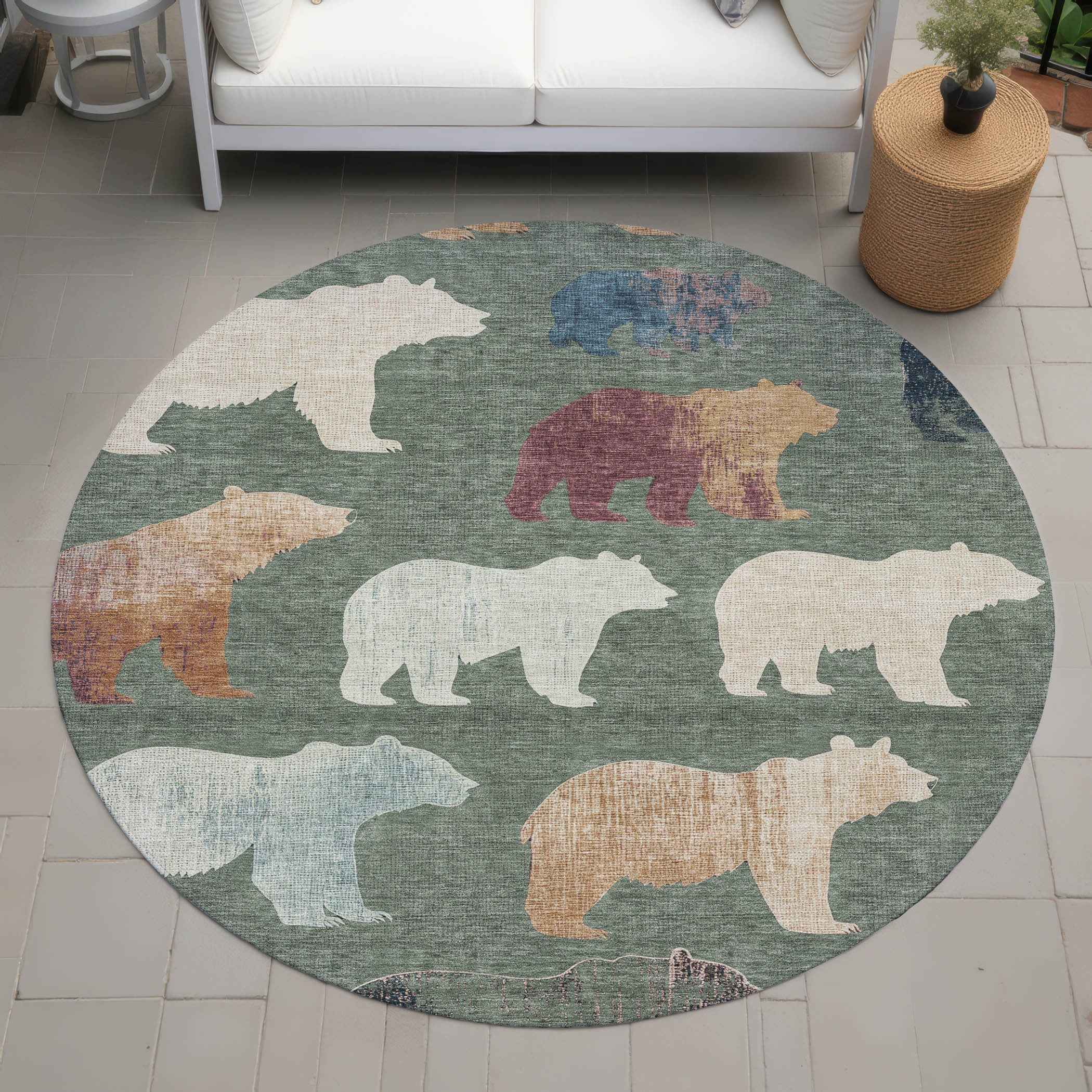 8' Green Ivory And Copper Round Animal Print Washable Indoor Outdoor Area Rug