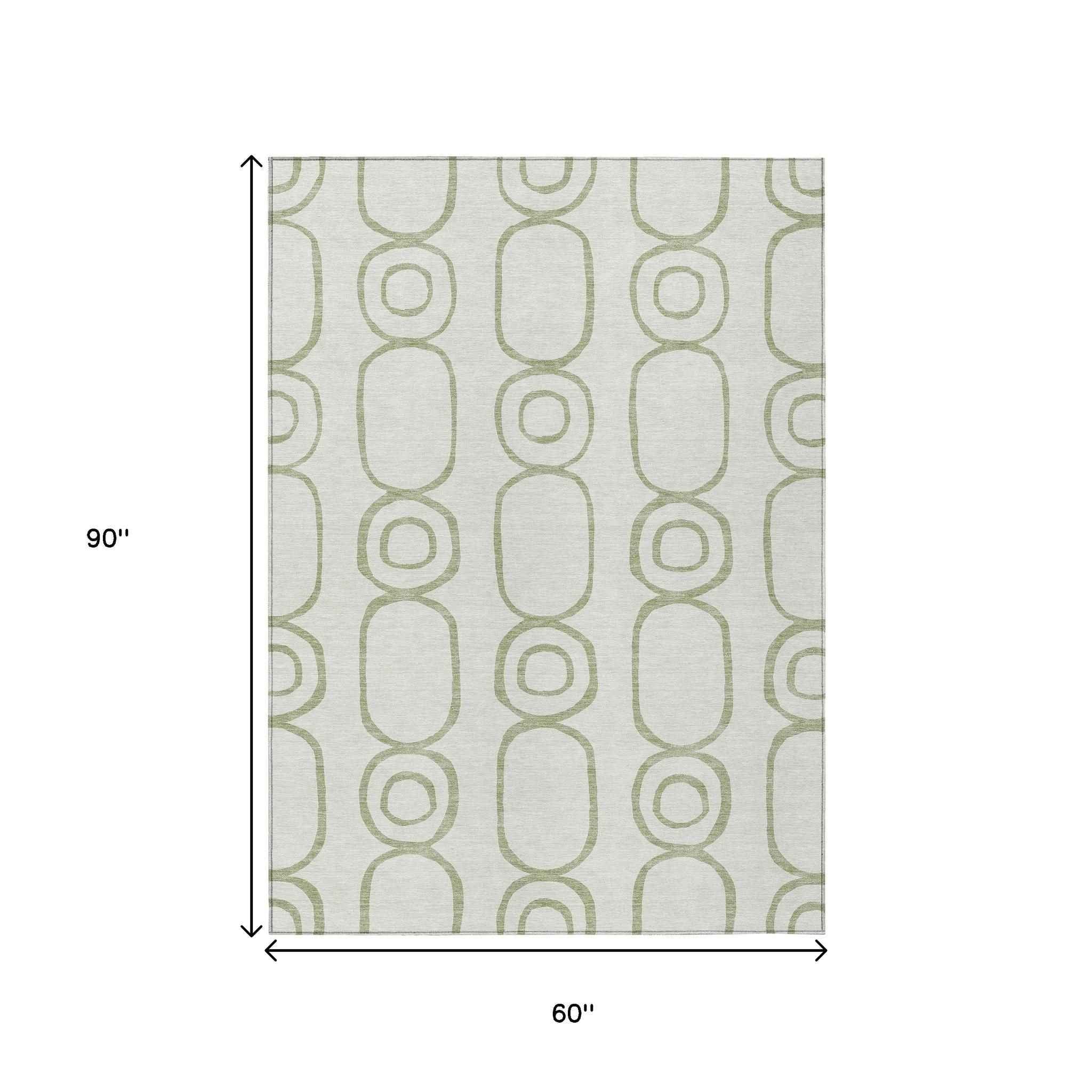 5' X 8' Artichoke Green And Ivory Geometric Washable Indoor Outdoor Area Rug