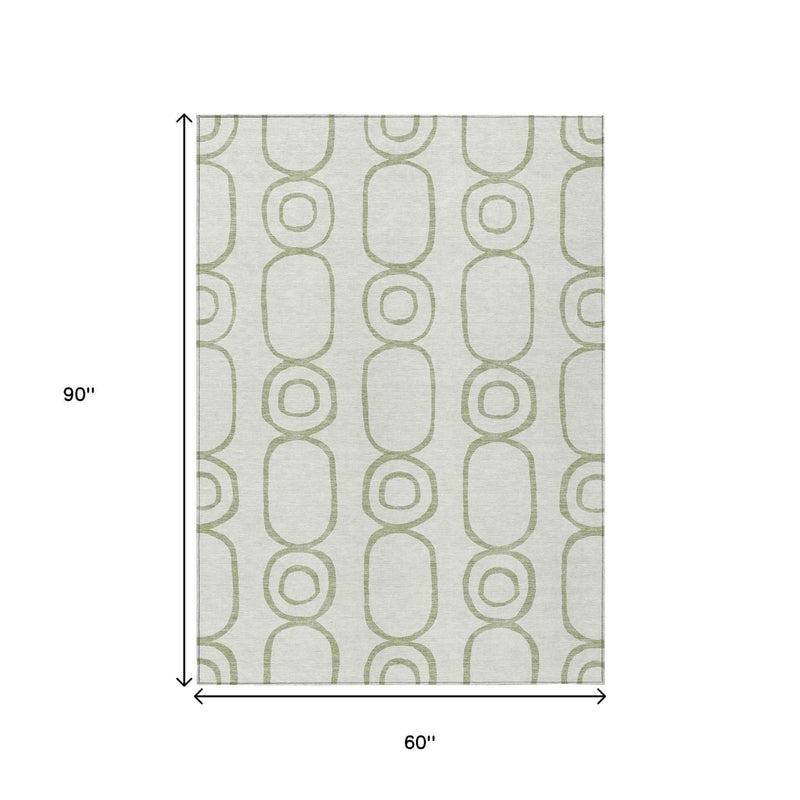 5' X 8' Artichoke Green And Ivory Geometric Washable Indoor Outdoor Area Rug