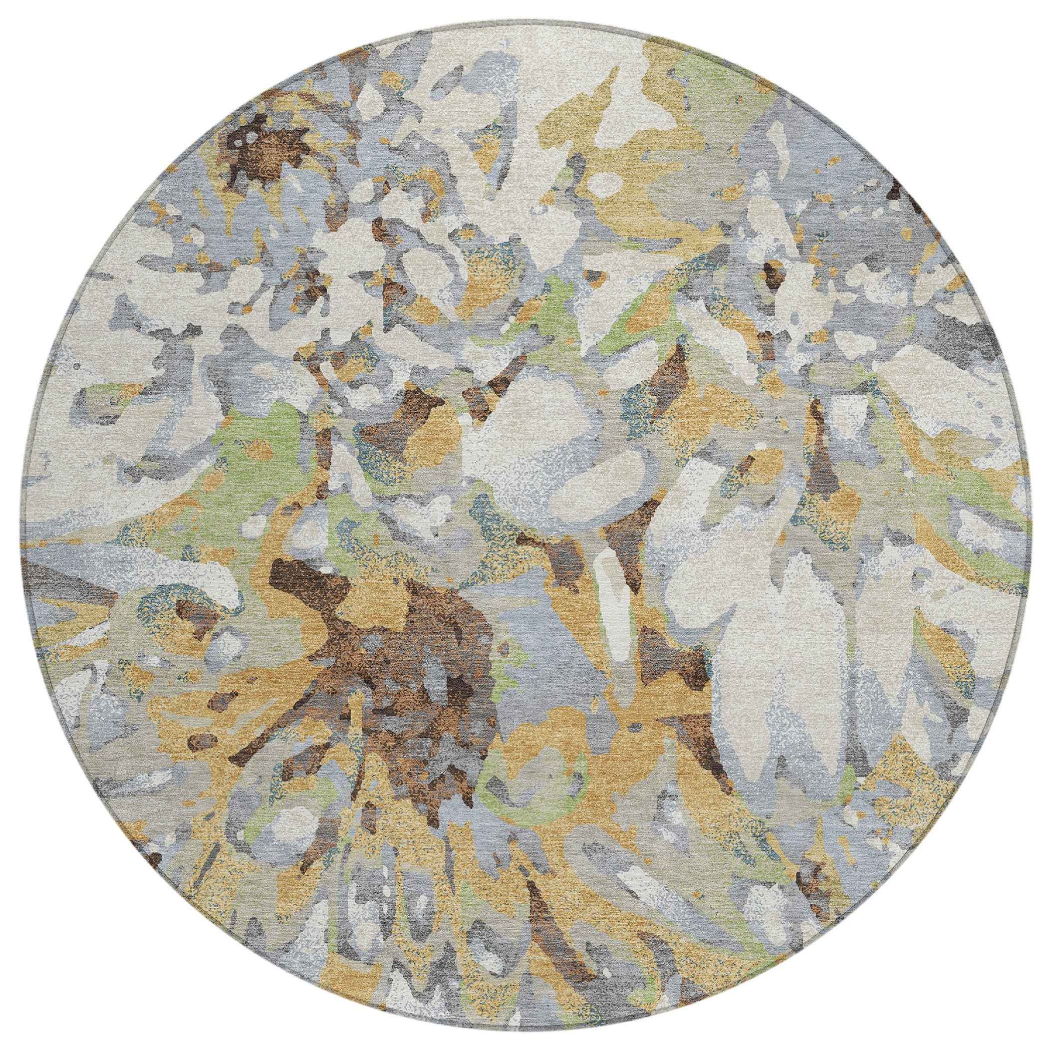 8' Wheat Ivory And Gray Round Floral Washable Indoor Outdoor Area Rug