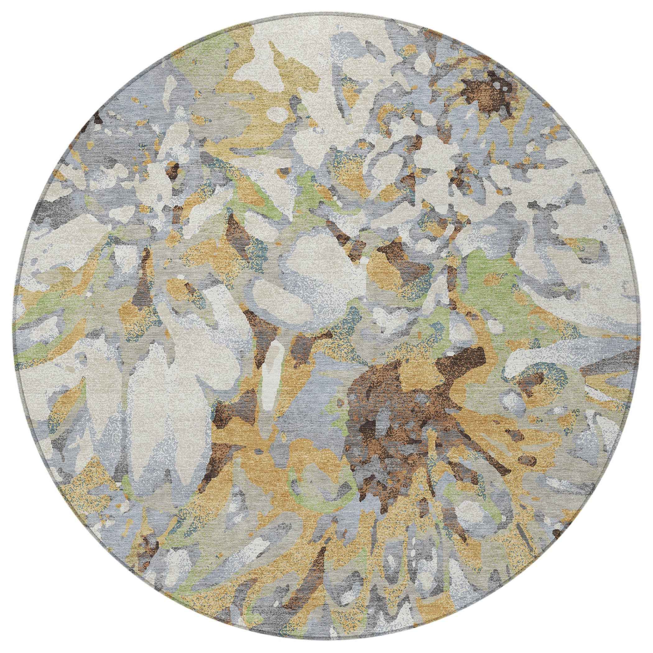 8' Wheat Ivory And Gray Round Floral Washable Indoor Outdoor Area Rug