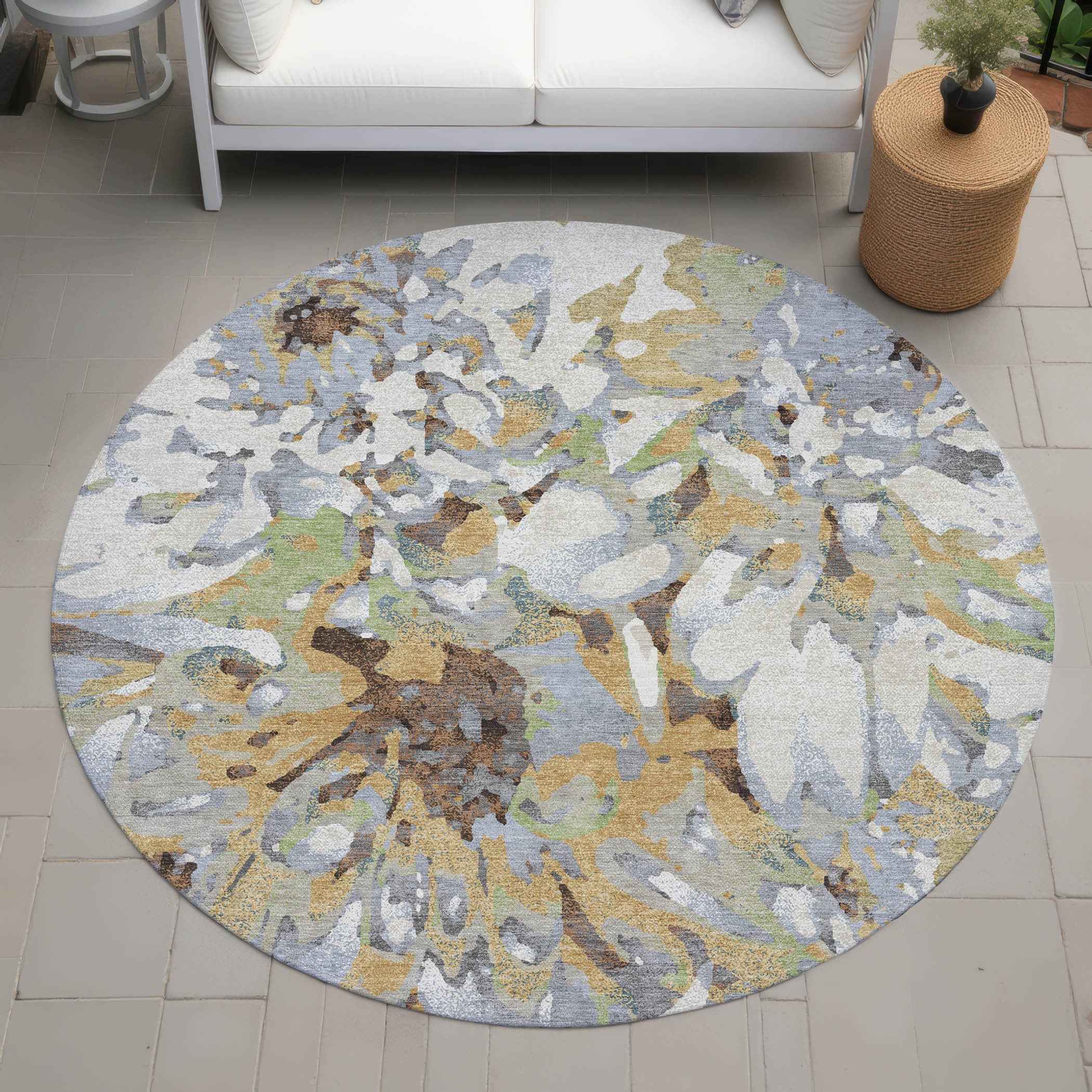 8' Wheat Ivory And Gray Round Floral Washable Indoor Outdoor Area Rug