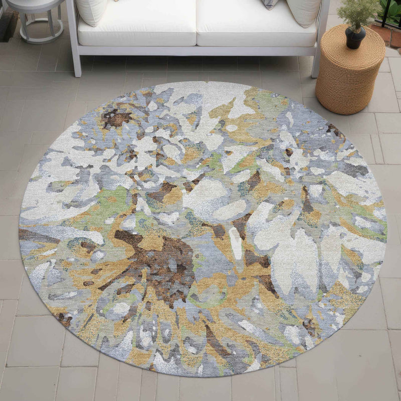 8' Wheat Ivory And Gray Round Floral Washable Indoor Outdoor Area Rug