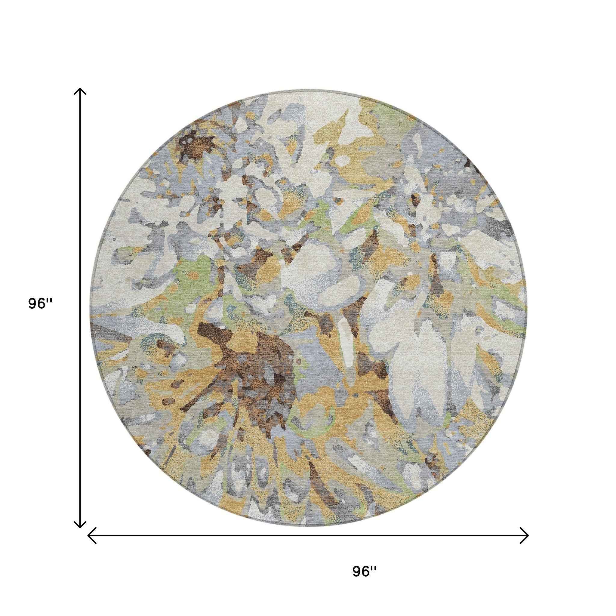 8' Wheat Ivory And Gray Round Floral Washable Indoor Outdoor Area Rug