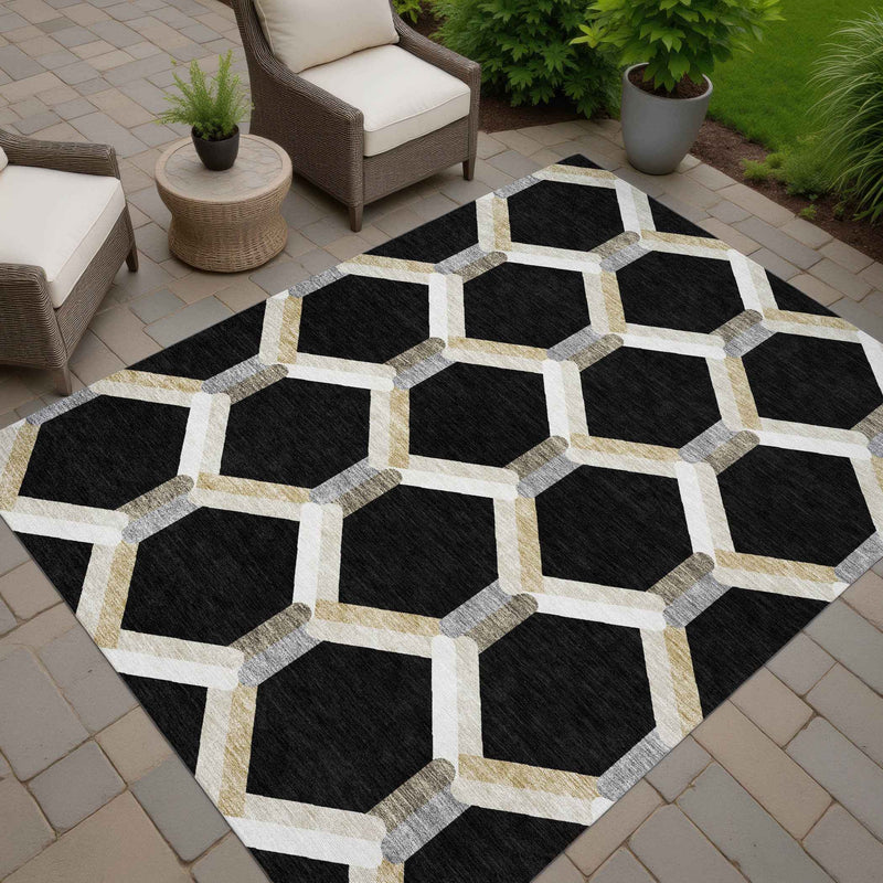 5' X 8' Black Ivory And Wheat Geometric Washable Indoor Outdoor Area Rug