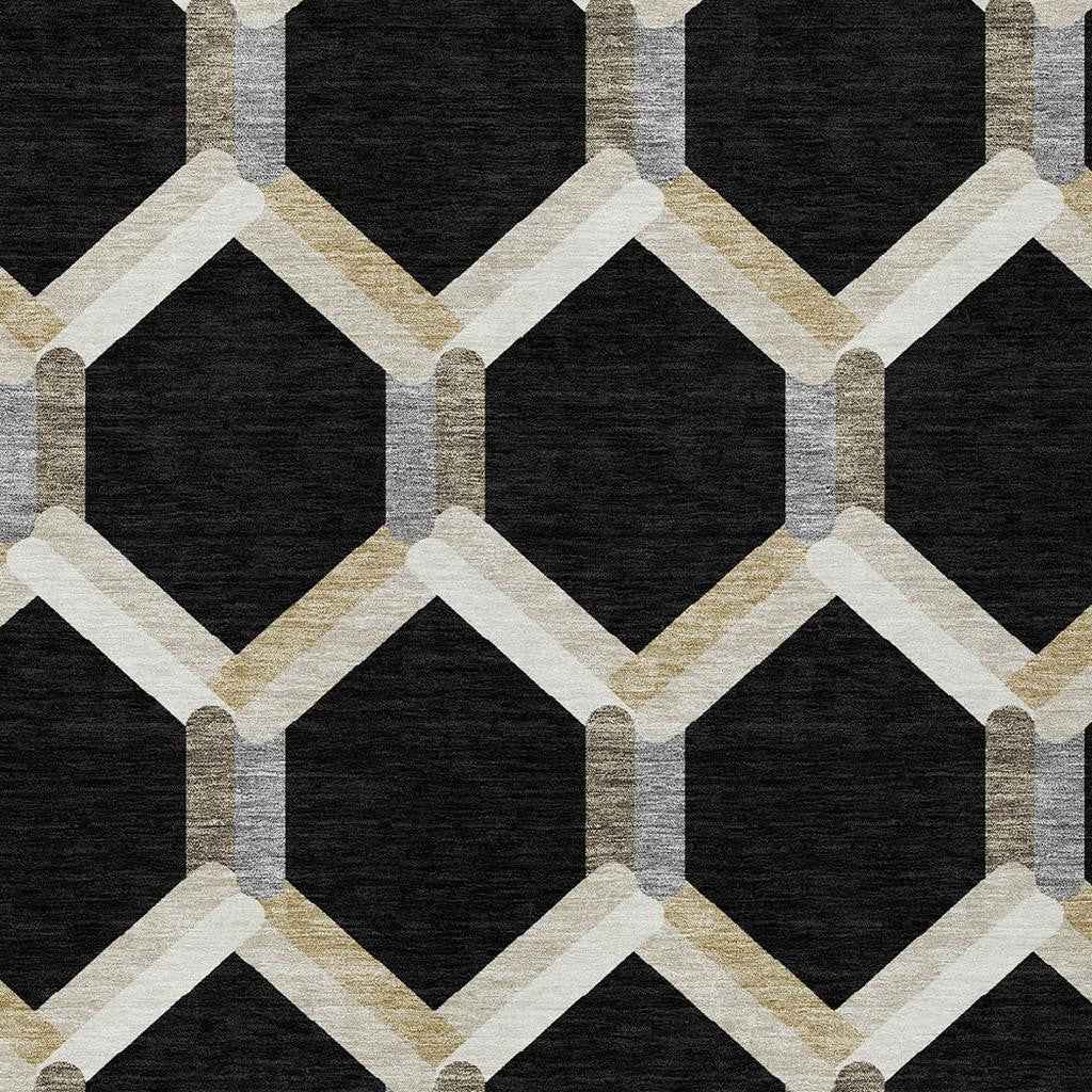 5' X 8' Black Ivory And Wheat Geometric Washable Indoor Outdoor Area Rug