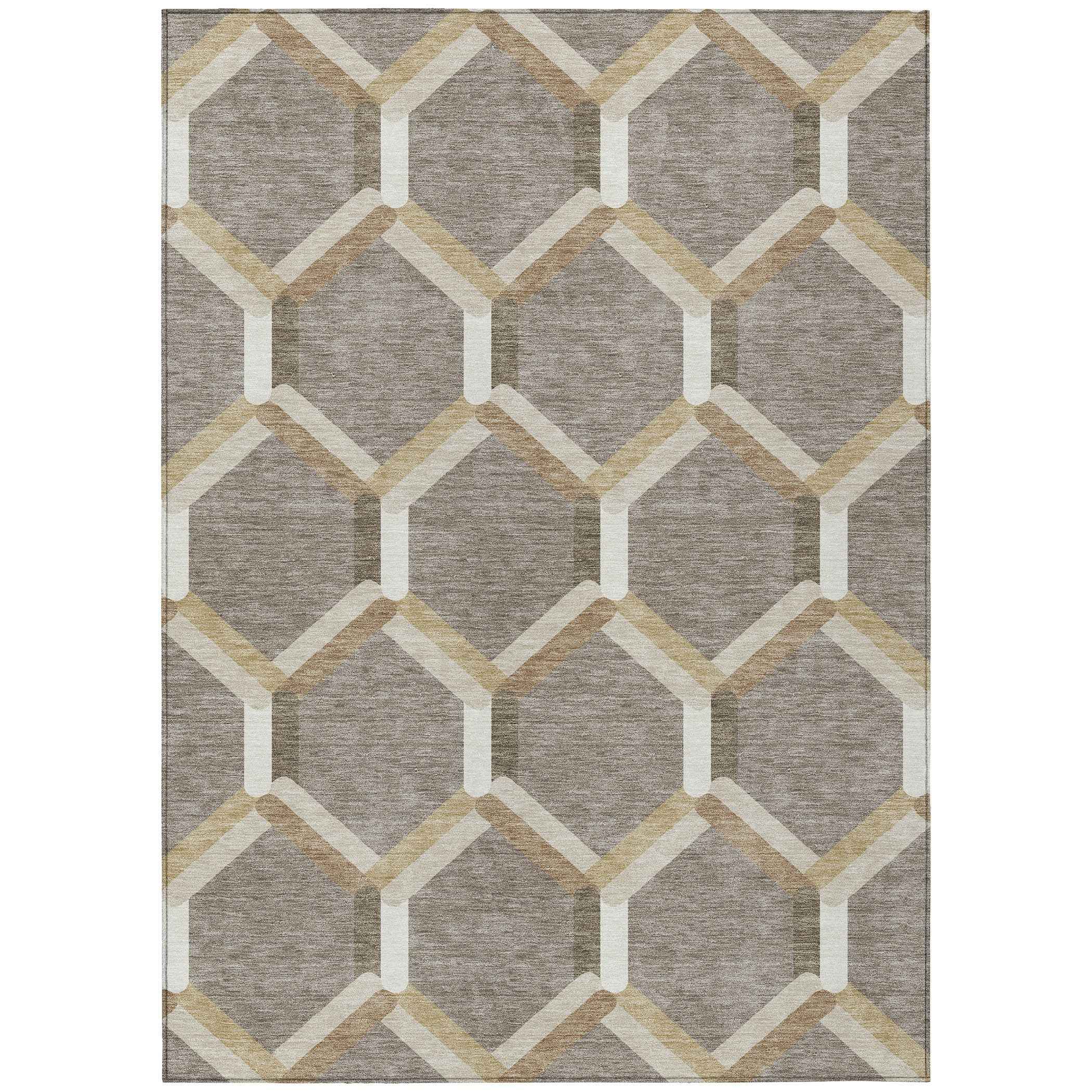 5' X 8' Taupe Beige And Ivory Geometric Washable Indoor Outdoor Area Rug