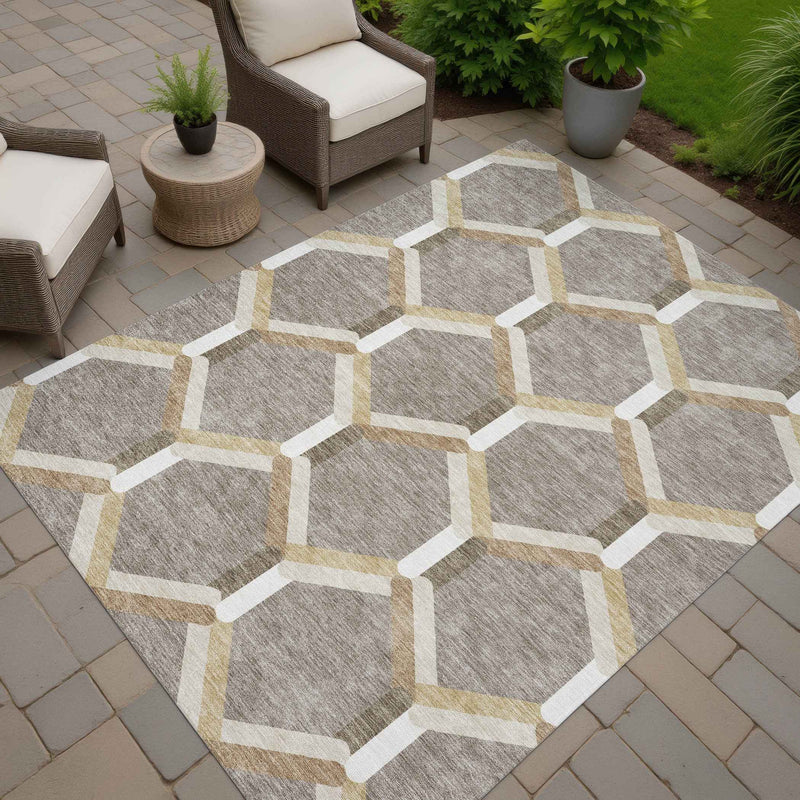 5' X 8' Taupe Beige And Ivory Geometric Washable Indoor Outdoor Area Rug