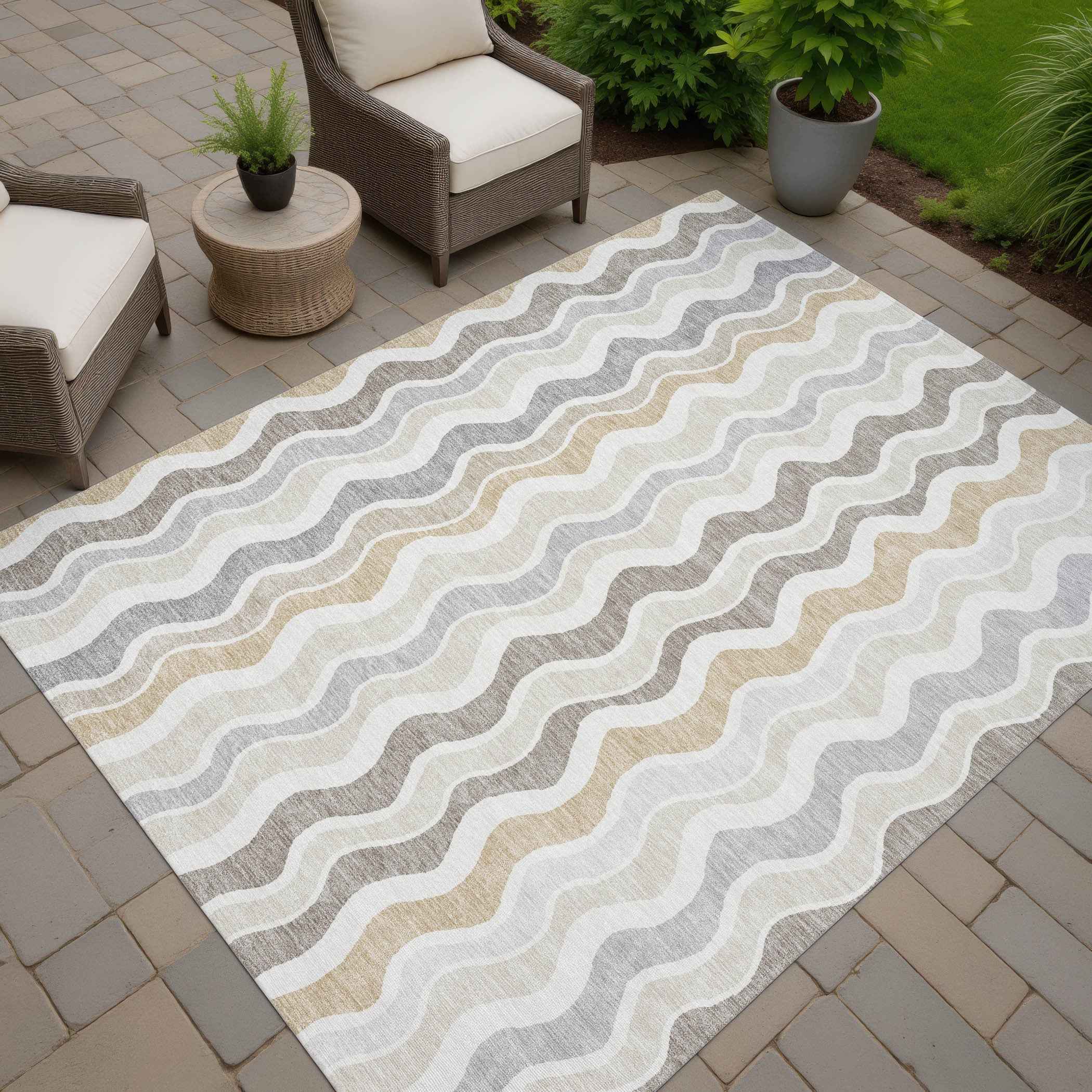 3' X 5' Ivory Khaki And Beige Striped Washable Indoor Outdoor Area Rug