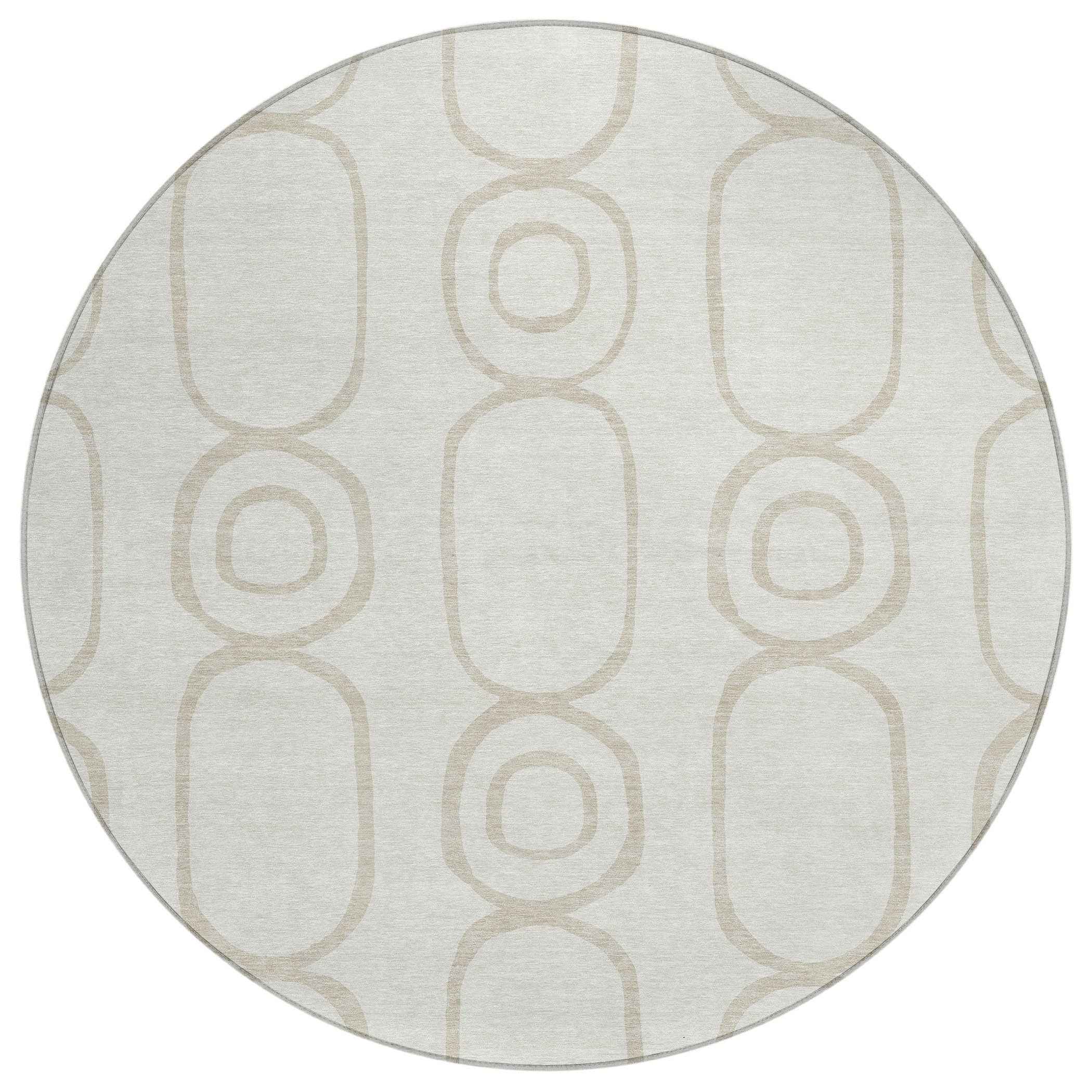 8' Ivory And Beige Round Geometric Washable Indoor Outdoor Area Rug