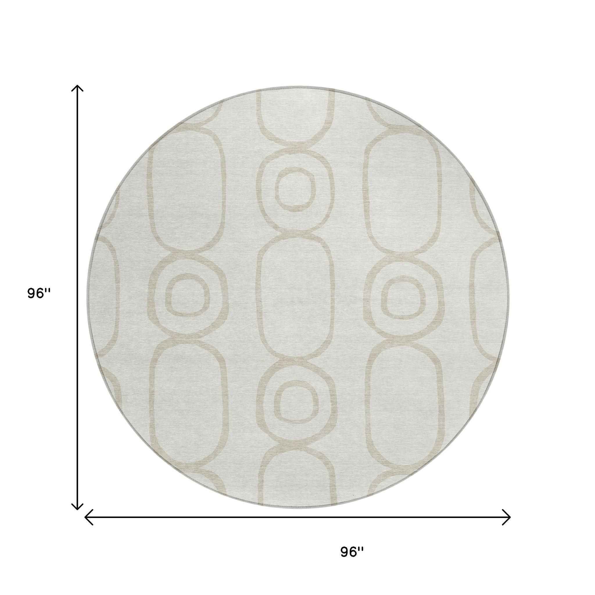8' Ivory And Beige Round Geometric Washable Indoor Outdoor Area Rug