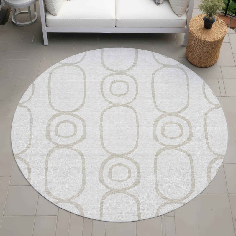 8' Ivory And Beige Round Geometric Washable Indoor Outdoor Area Rug
