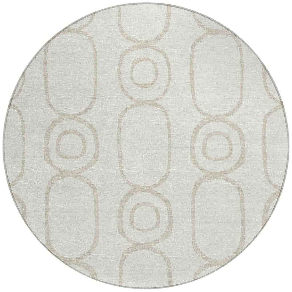 8' Ivory And Beige Round Geometric Washable Indoor Outdoor Area Rug