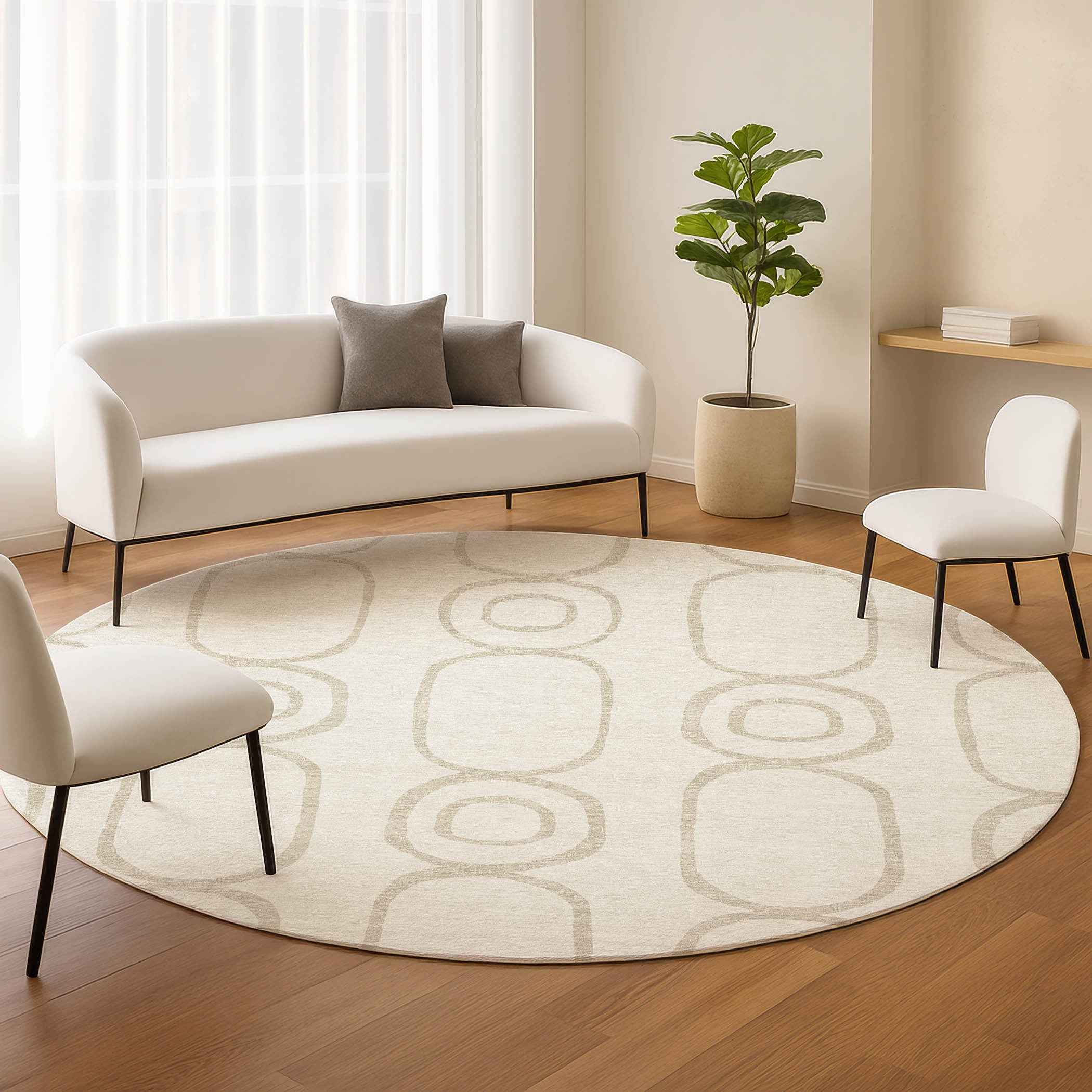 8' Ivory And Beige Round Geometric Washable Indoor Outdoor Area Rug