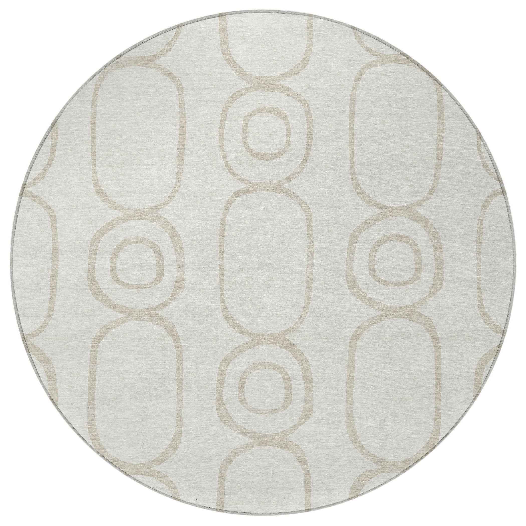 8' Ivory And Beige Round Geometric Washable Indoor Outdoor Area Rug