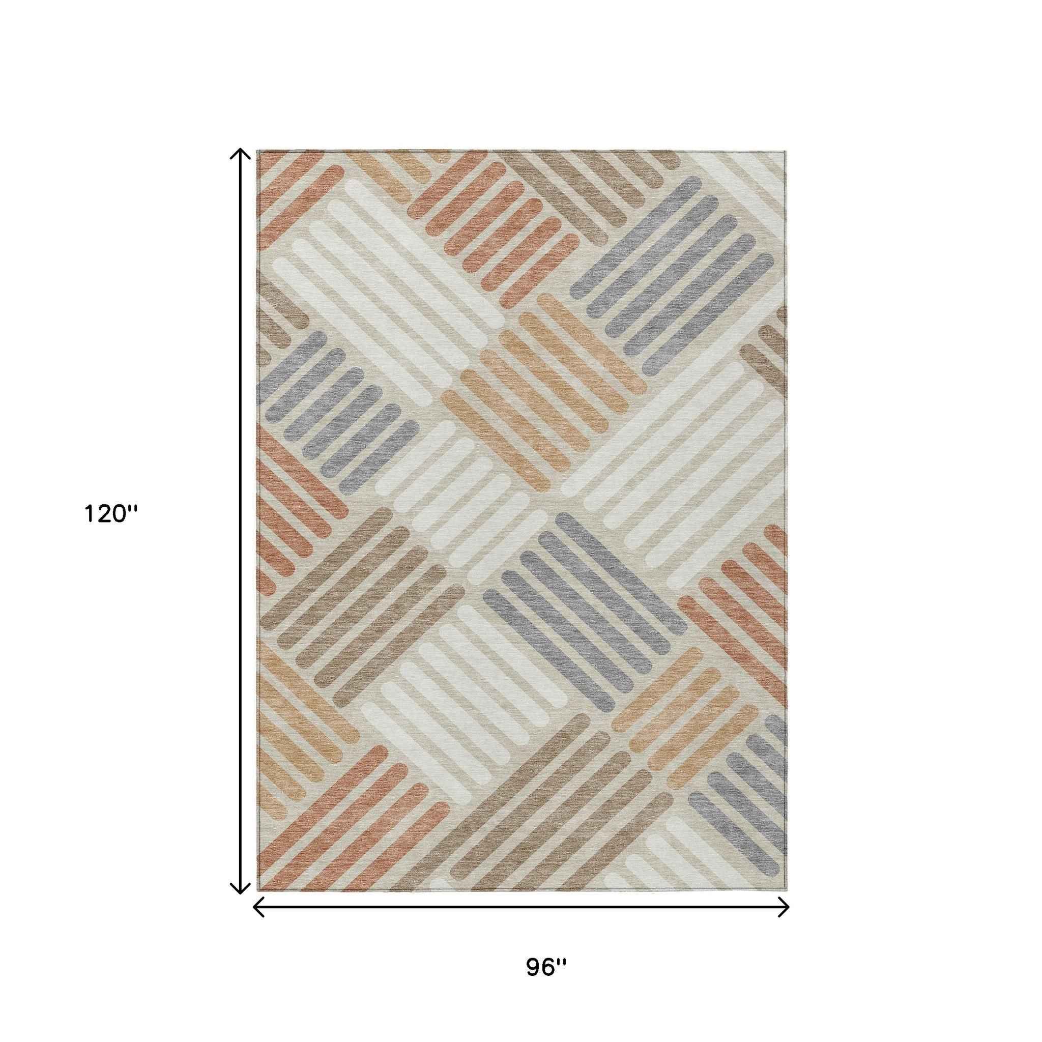 8' X 10' Copper Ivory And Rust Geometric Washable Indoor Outdoor Area Rug