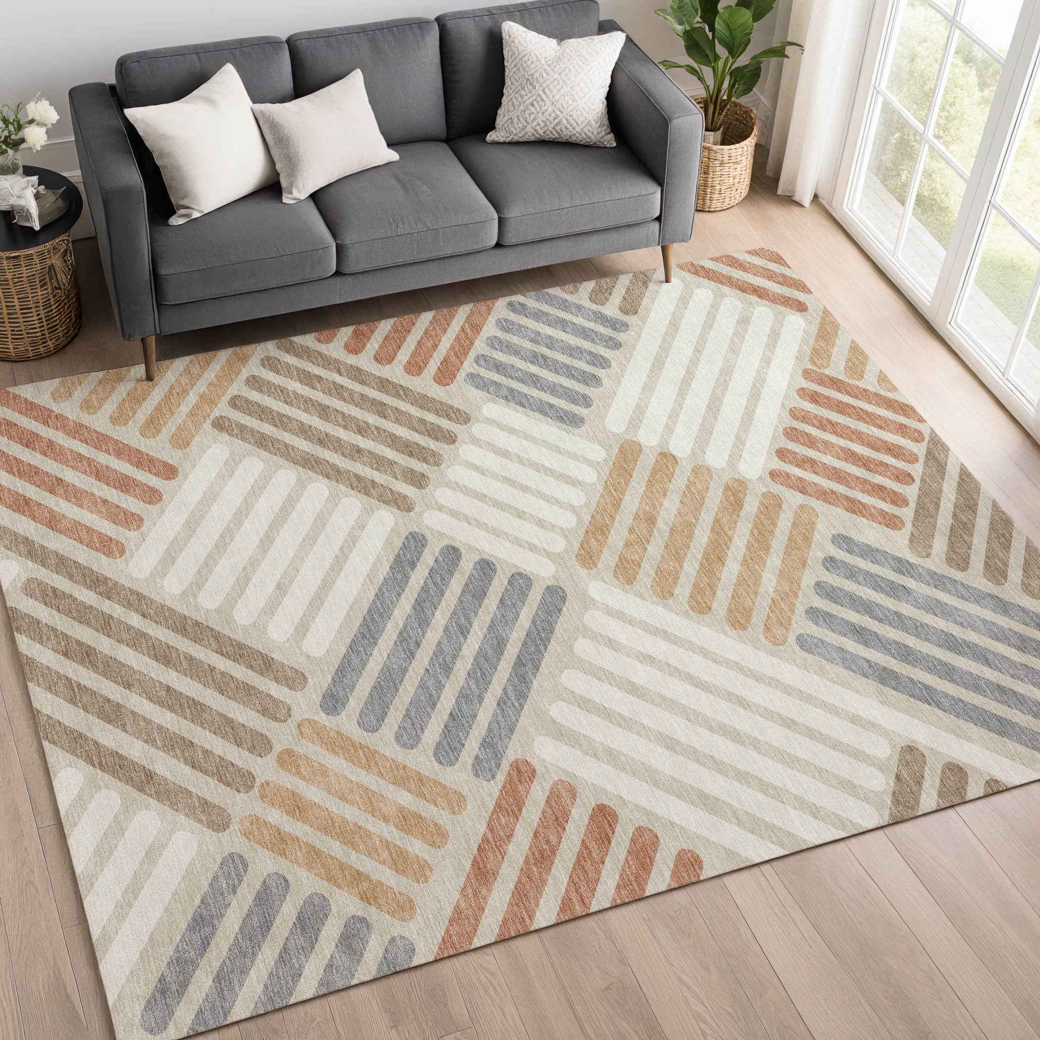 8' X 10' Copper Ivory And Rust Geometric Washable Indoor Outdoor Area Rug