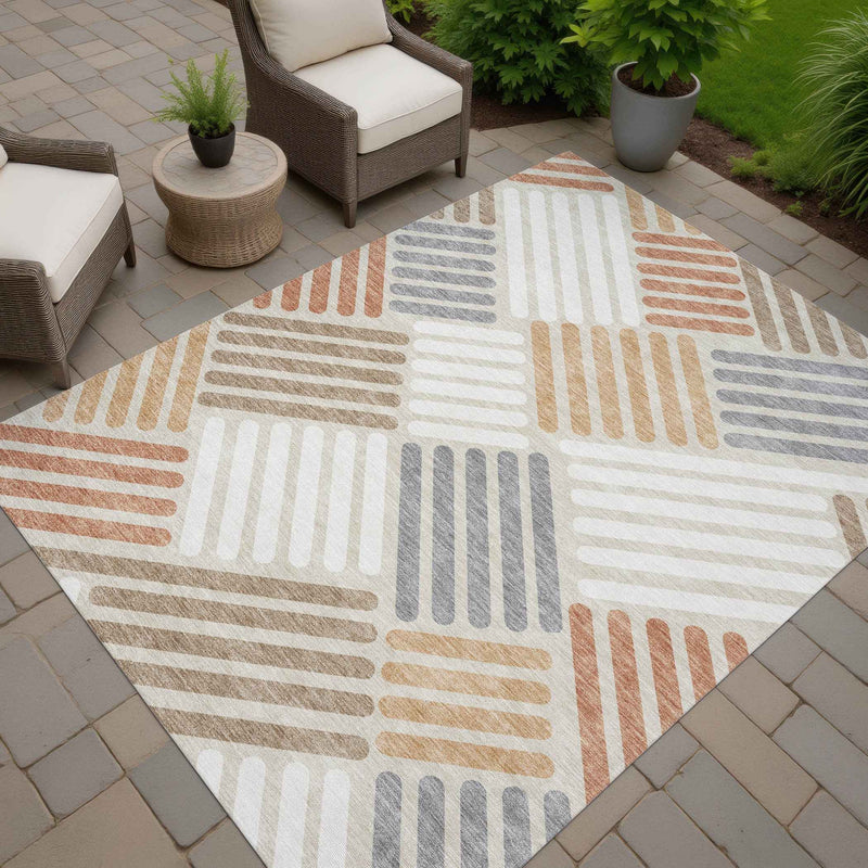 8' X 10' Copper Ivory And Rust Geometric Washable Indoor Outdoor Area Rug