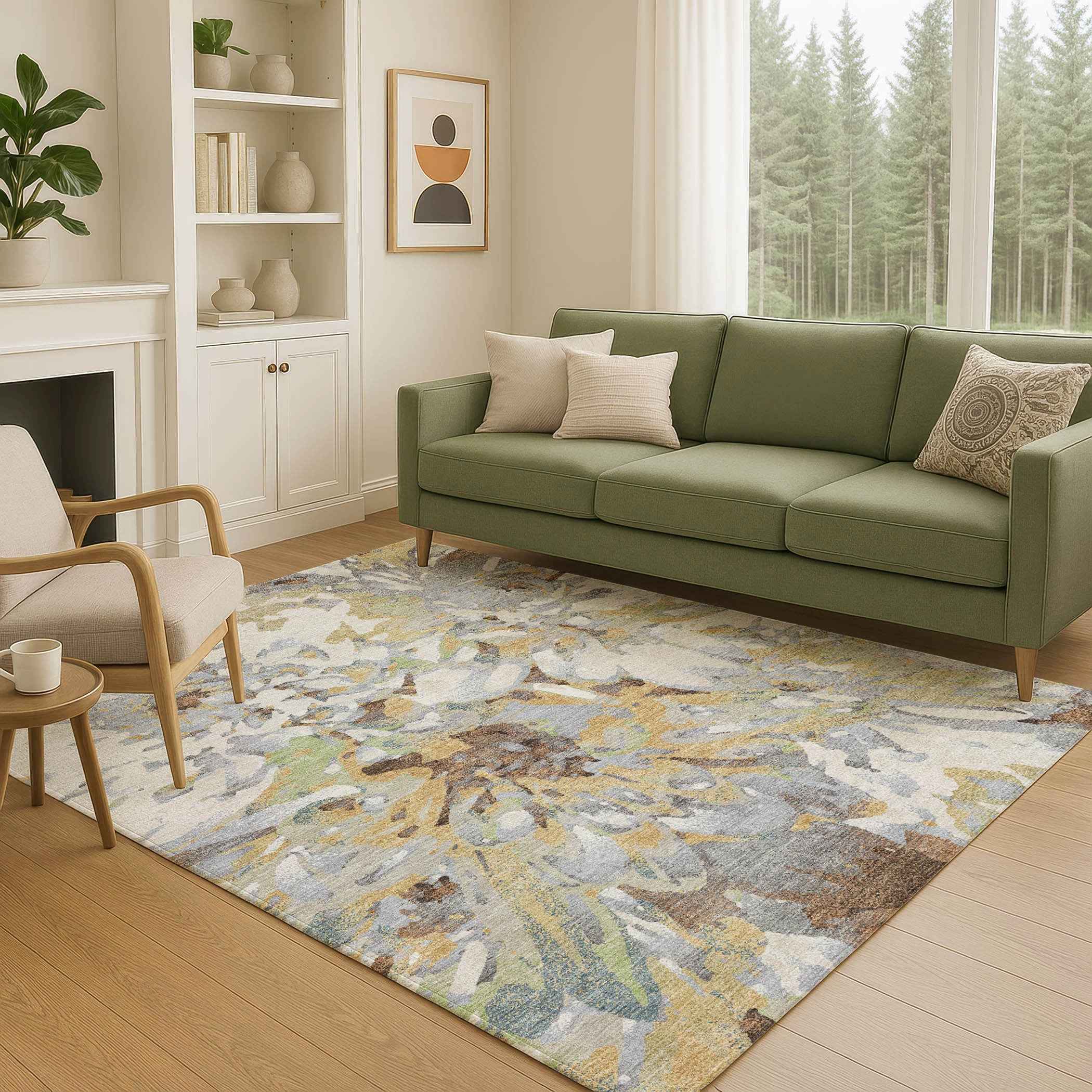 10' X 14' Wheat Ivory And Gray Floral Washable Indoor Outdoor Area Rug