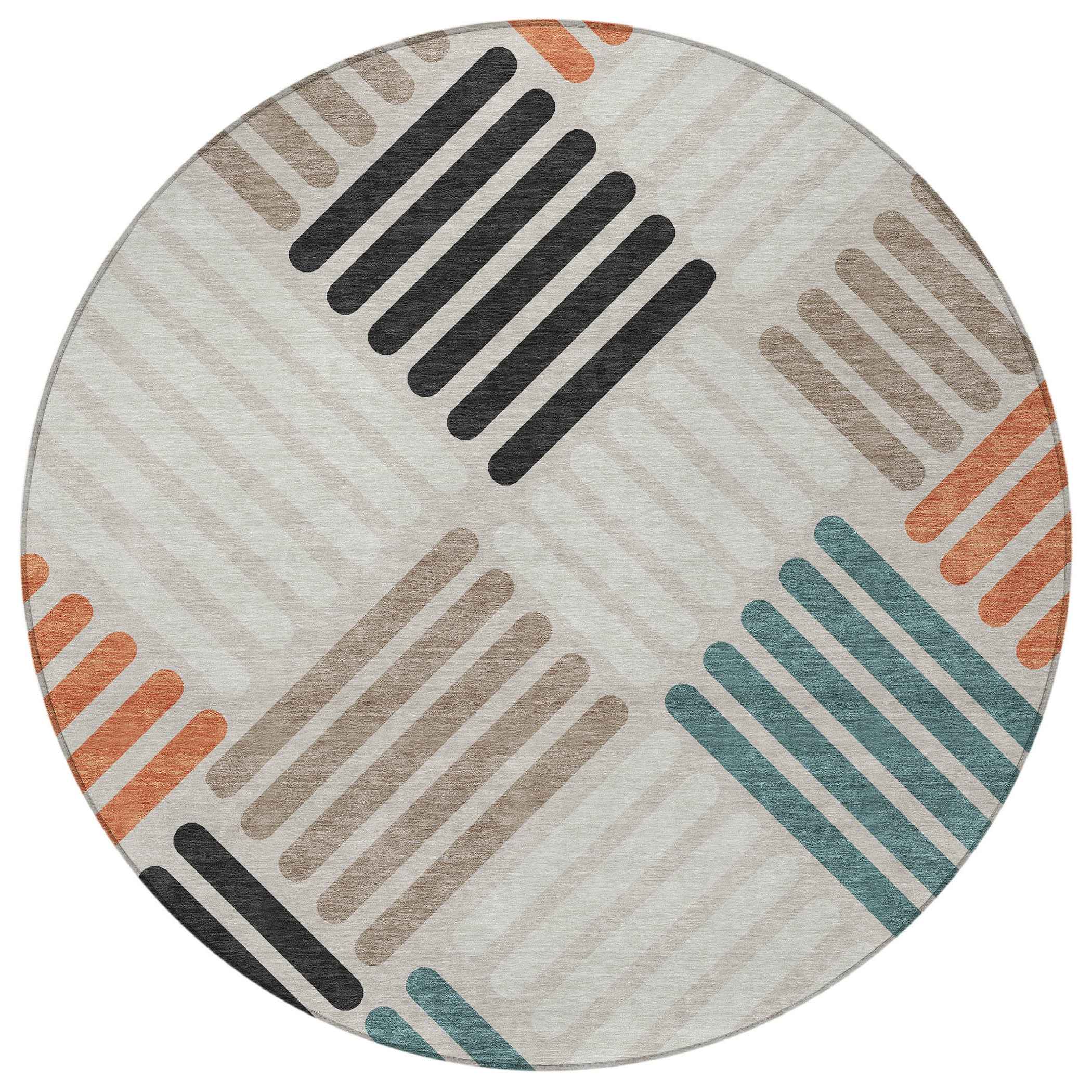 8' Sand Ivory And Black Round Geometric Washable Indoor Outdoor Area Rug