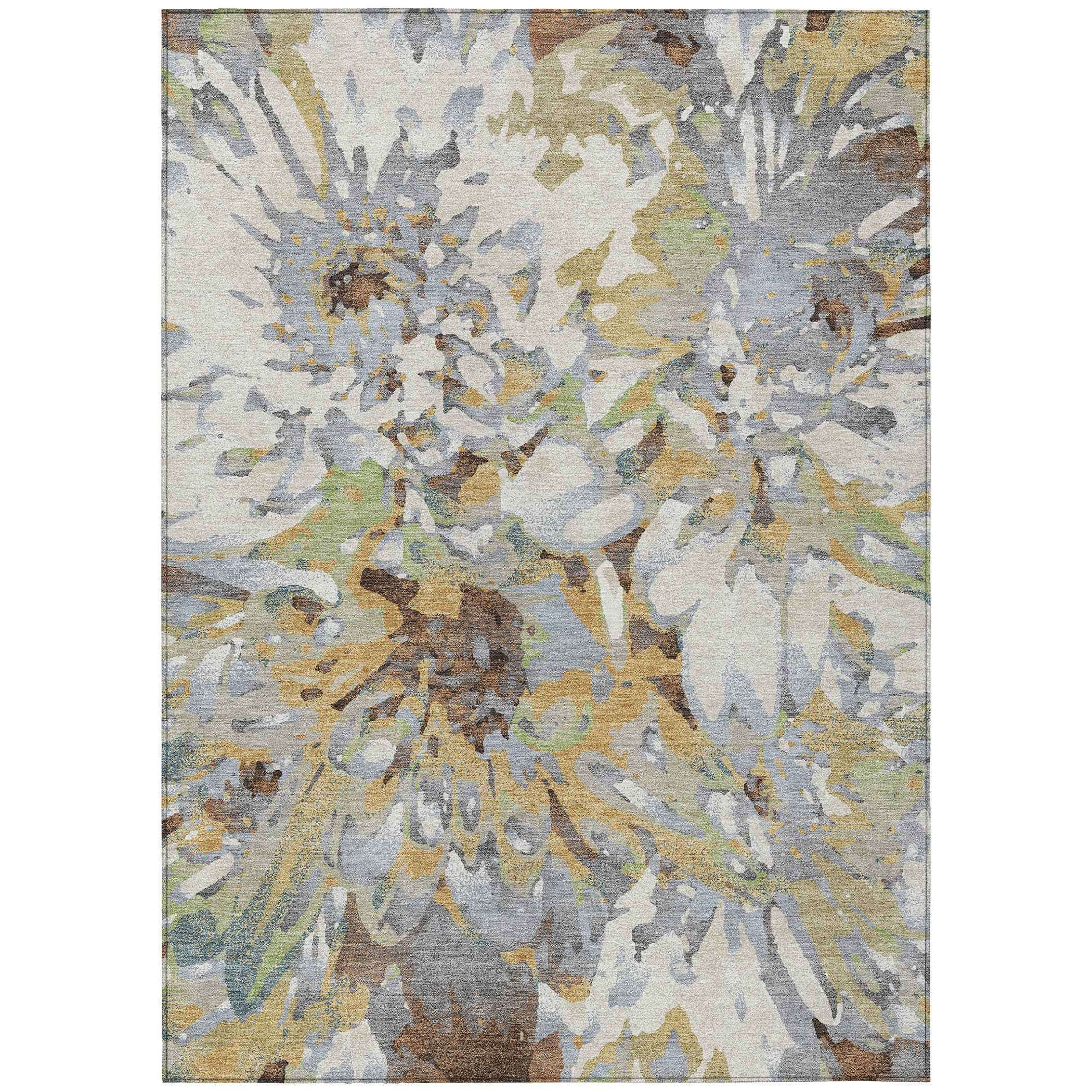 10' X 14' Wheat Ivory And Gray Floral Washable Indoor Outdoor Area Rug